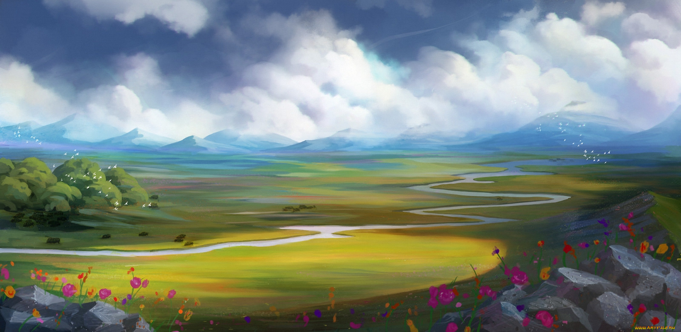 рисованное, природа, птицы, пейзаж, облака, цветы, река