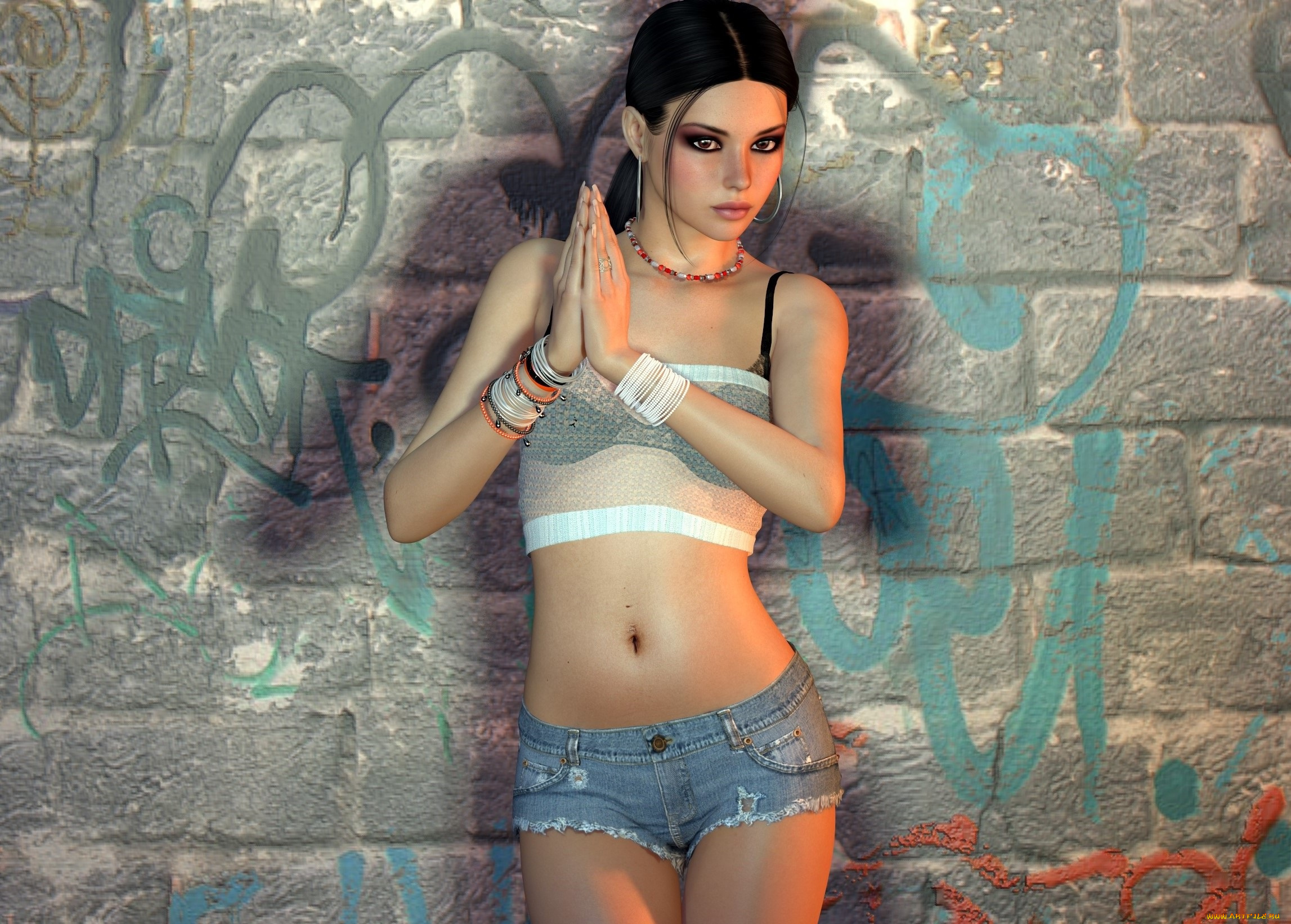 3д, графика, люди, , people, стена, шорты, фон, взгляд, девушка