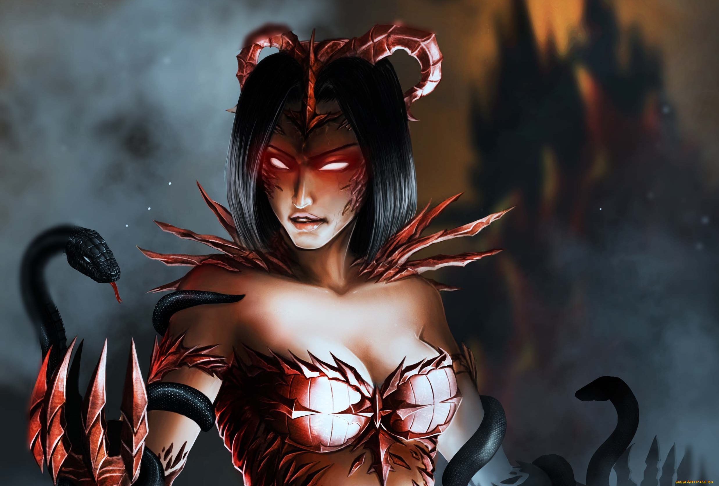 фэнтези, демоны, взгляд, демоница, змеи, рога, фантастика