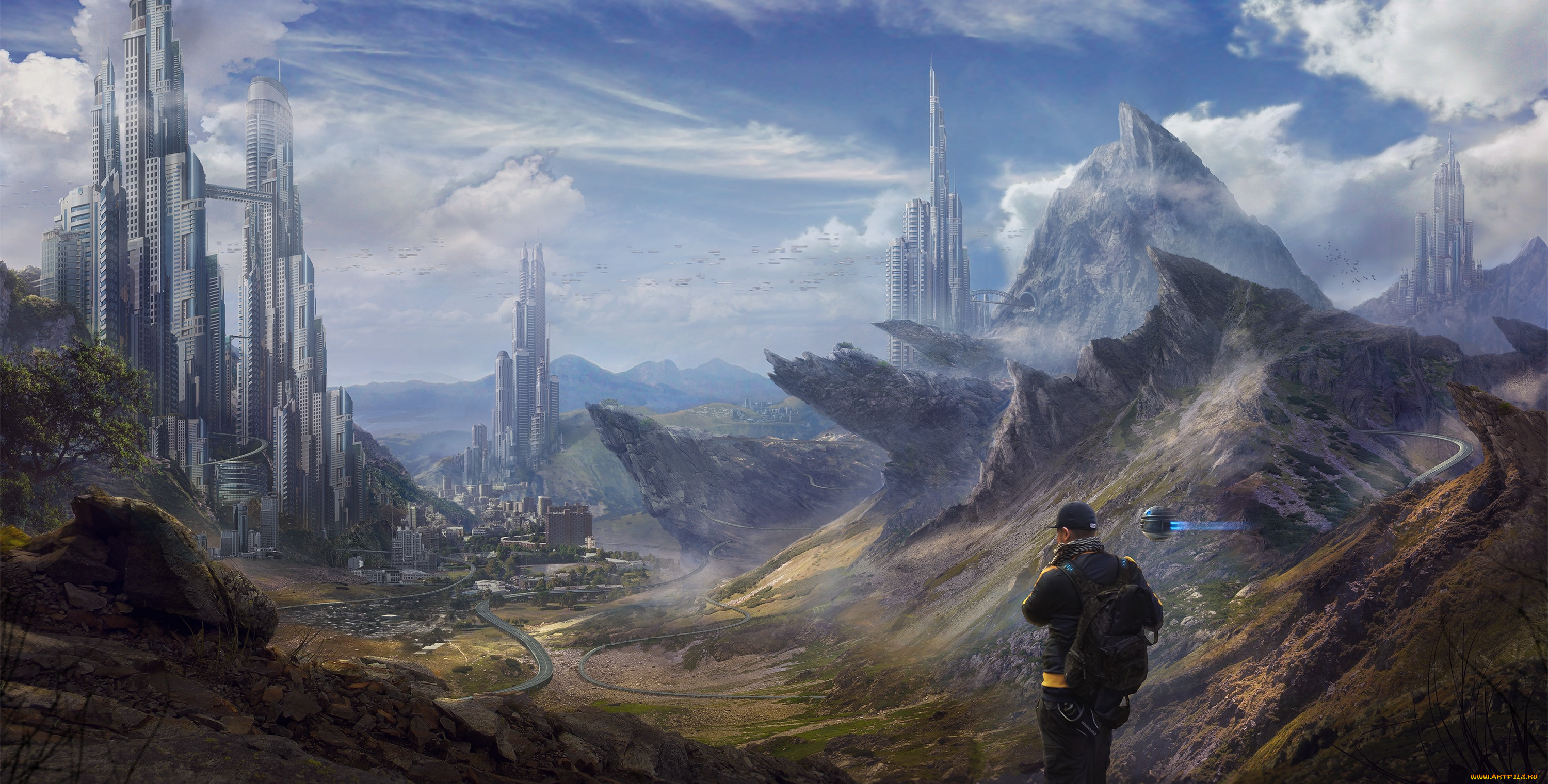 фэнтези, фотоарт, город, скалы, горы, фантастика, человек, путешественник, небо, облака