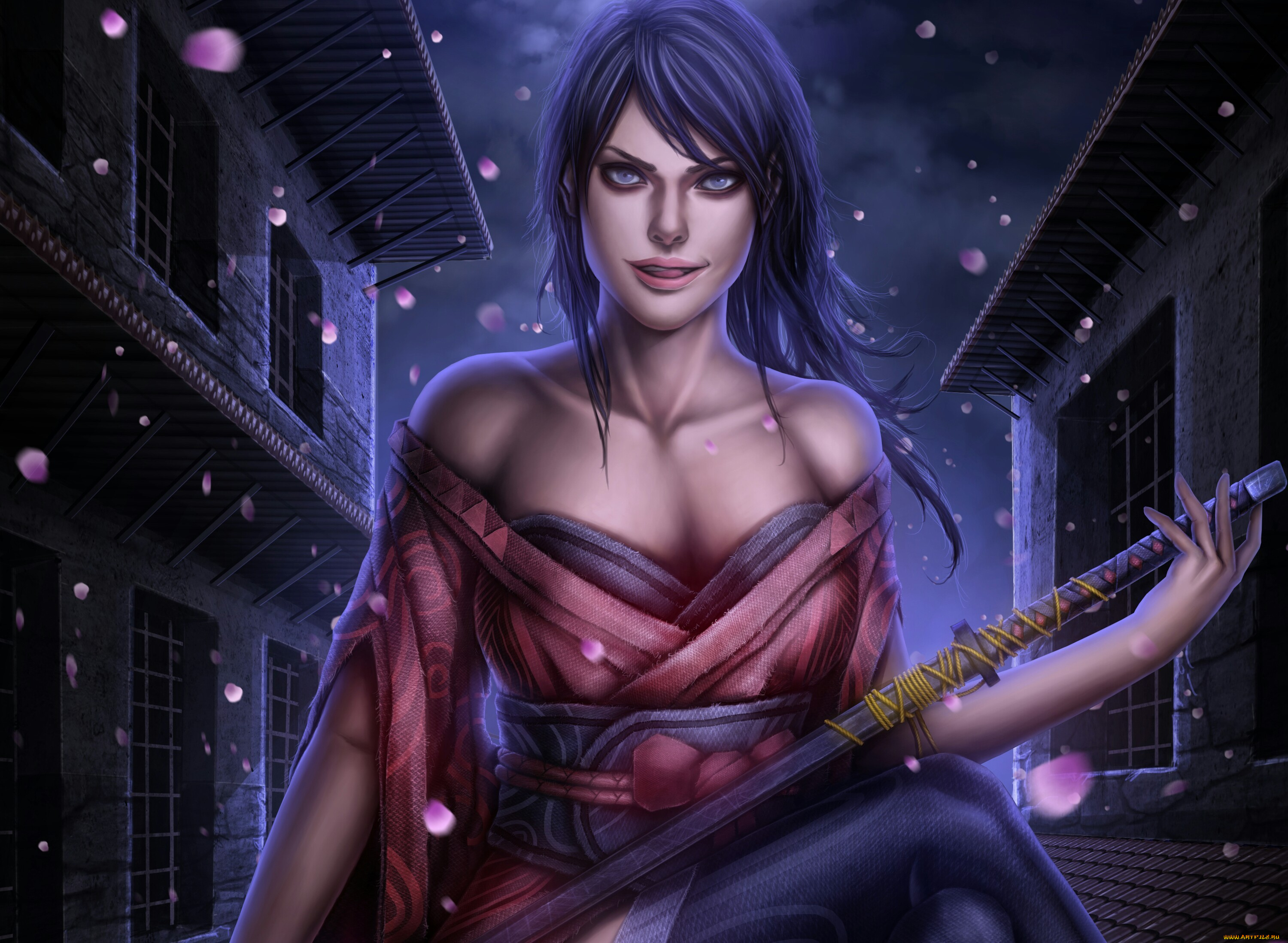 фэнтези, девушки, девушка, ночь, меч, катана