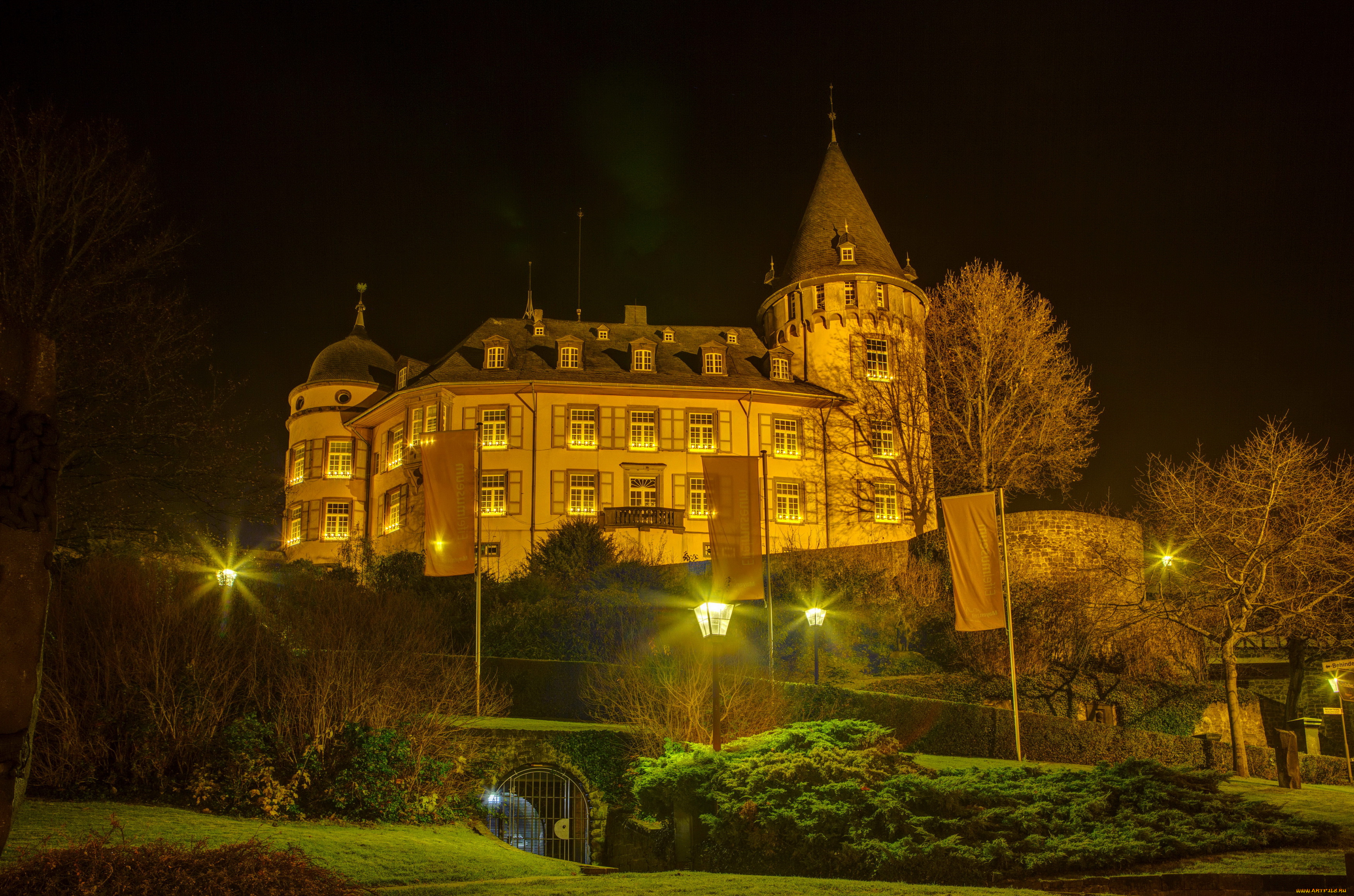 genovevaburg, , германия, города, замки, германии, германия, genovevaburg, деревья, фонари, ночь, замок, майен