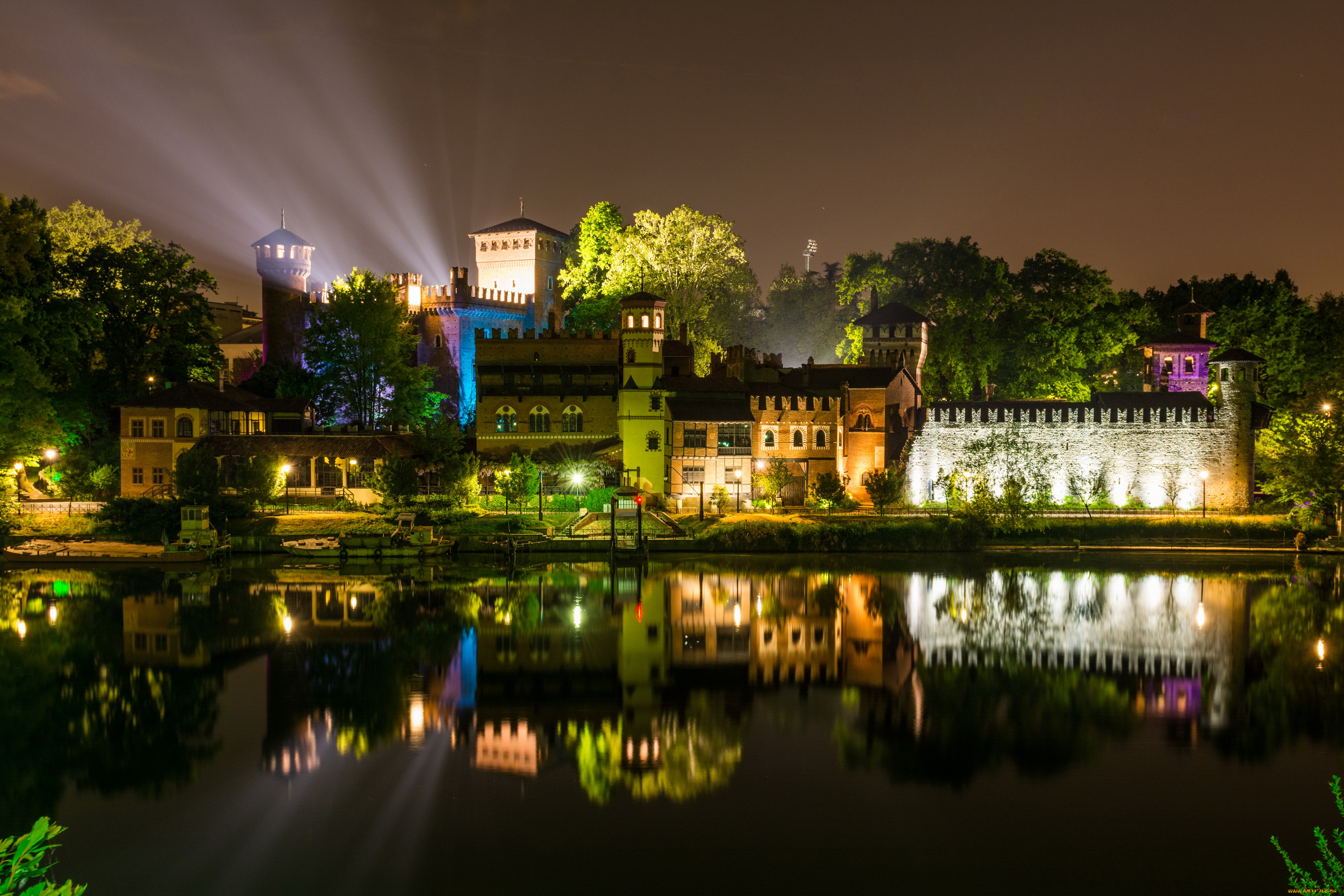 турин, италия, города, турин, , италия, турин, огни, ночь, река, крепость, дома