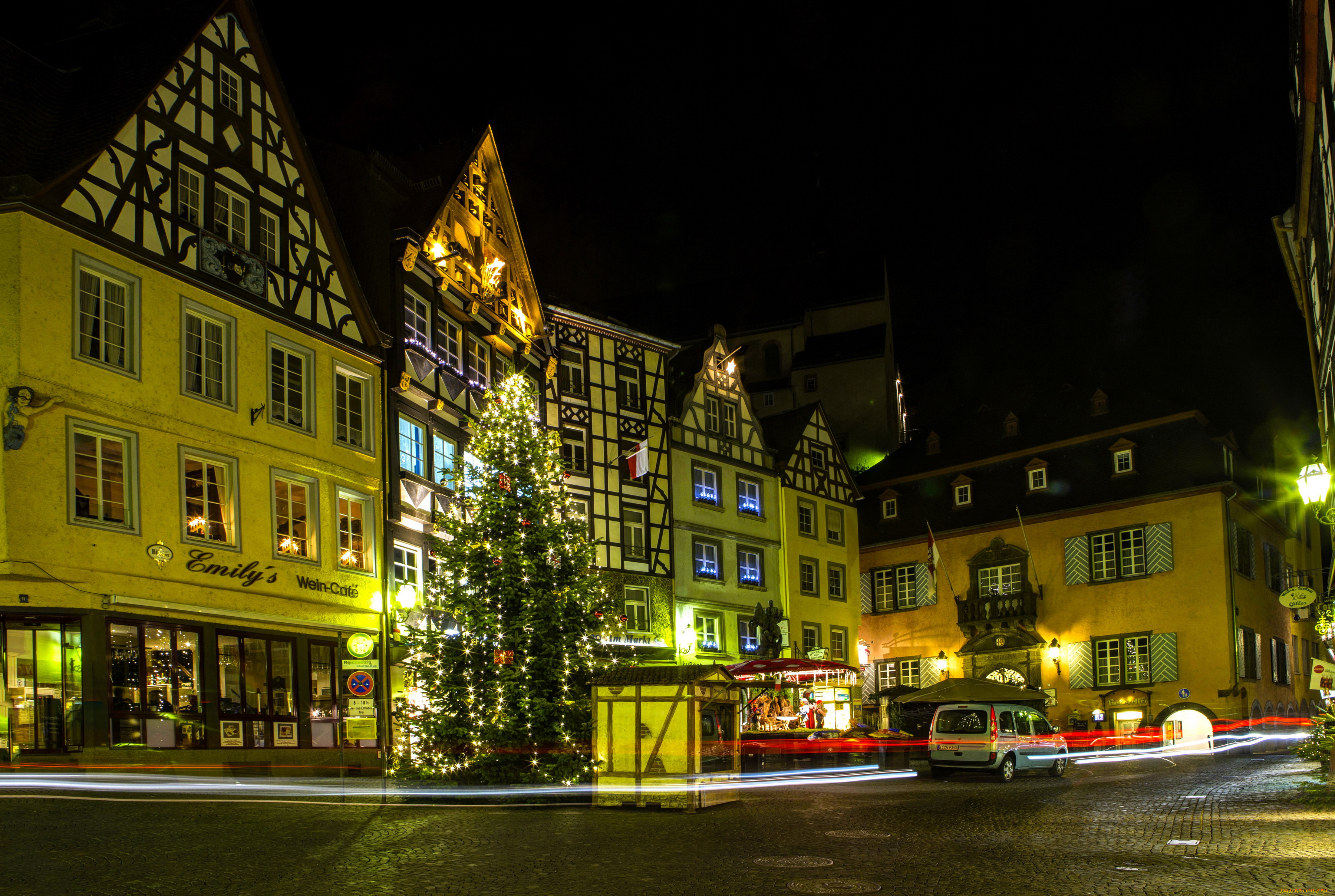 кохем, германия, города, кохем, , германия, cochem, ночь, дома, елка, год, новый, площадь, огни