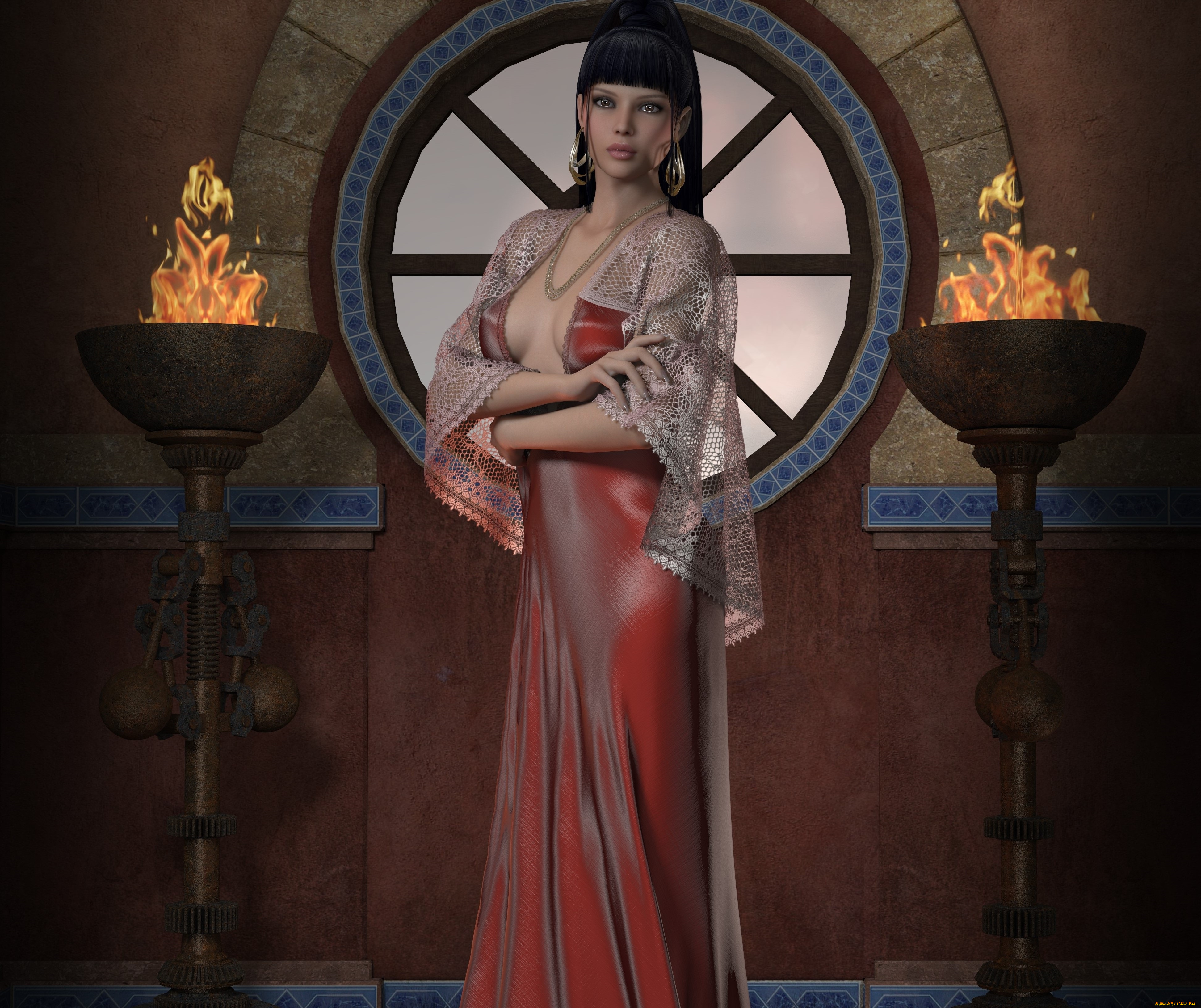 3д, графика, люди, , people, девушка, факелы, фон, взгляд