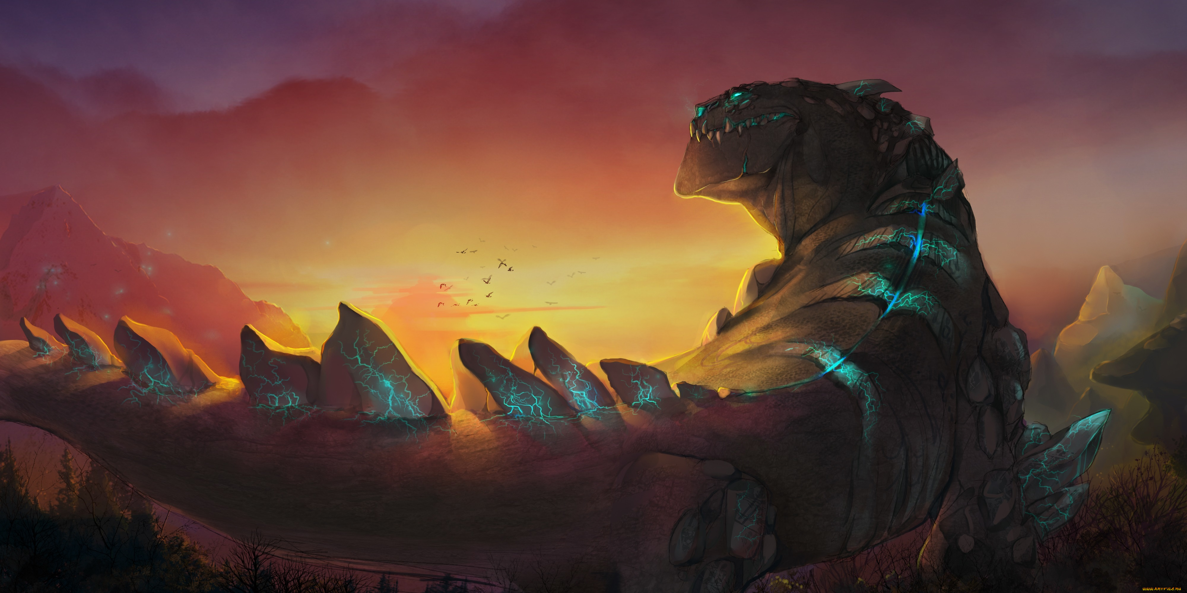 фэнтези, существа, монстр, чудовище, гигант, ящер, горы