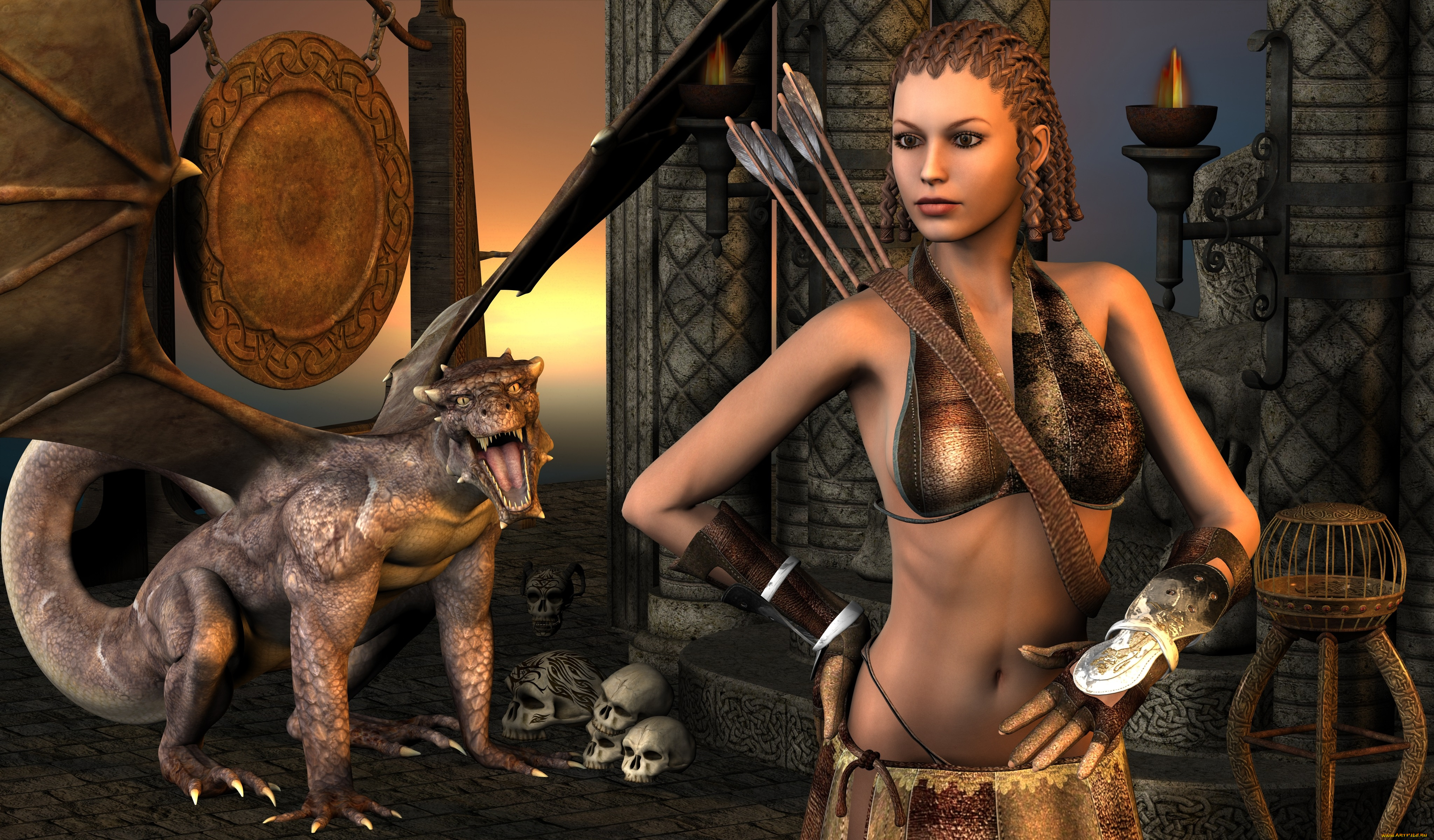 3д, графика, амазонки, , amazon, черепа, дракон, лук, фон, взгляд, девушка