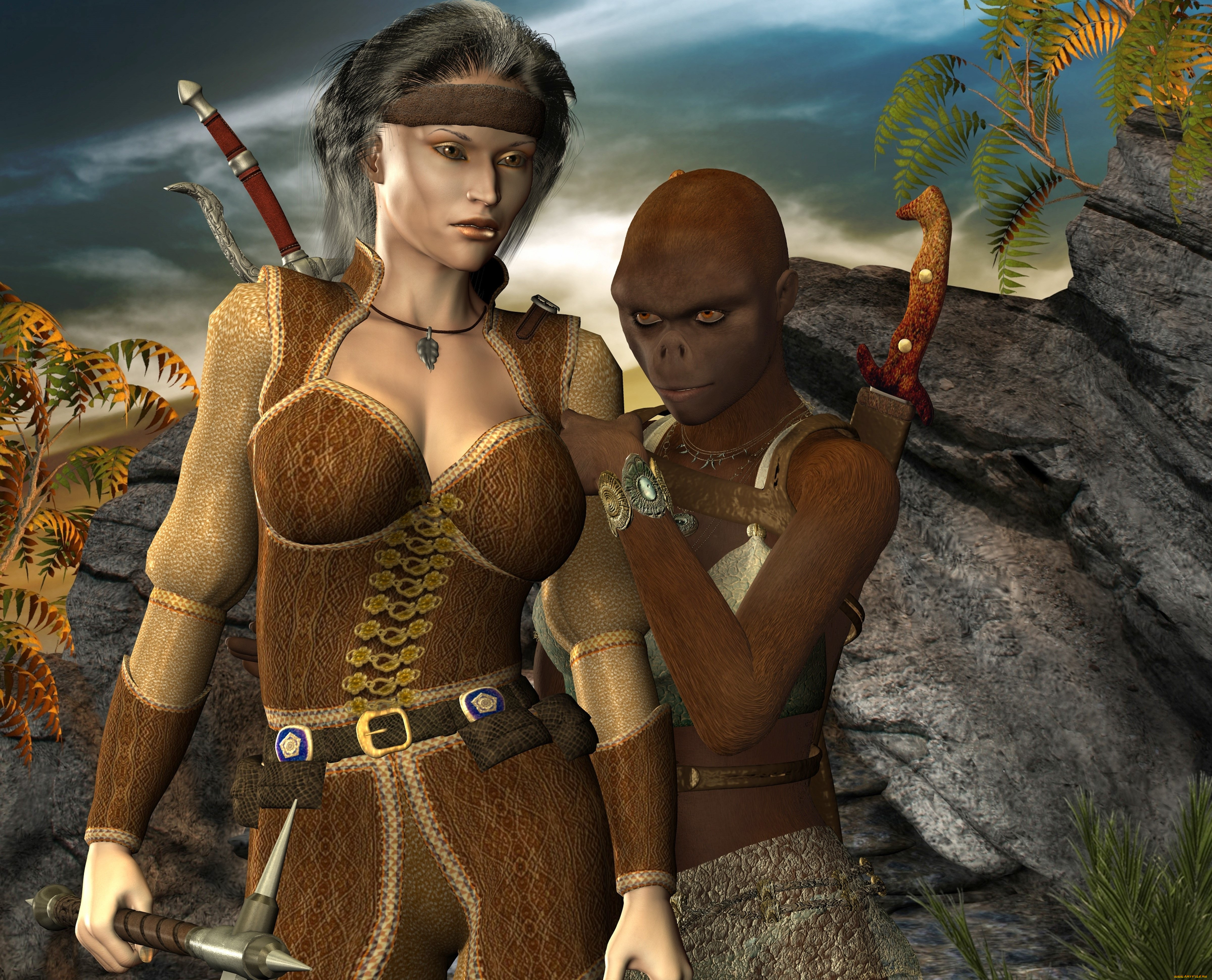 3д, графика, амазонки, , amazon, девушка, взгляд, фон, оружие, существо