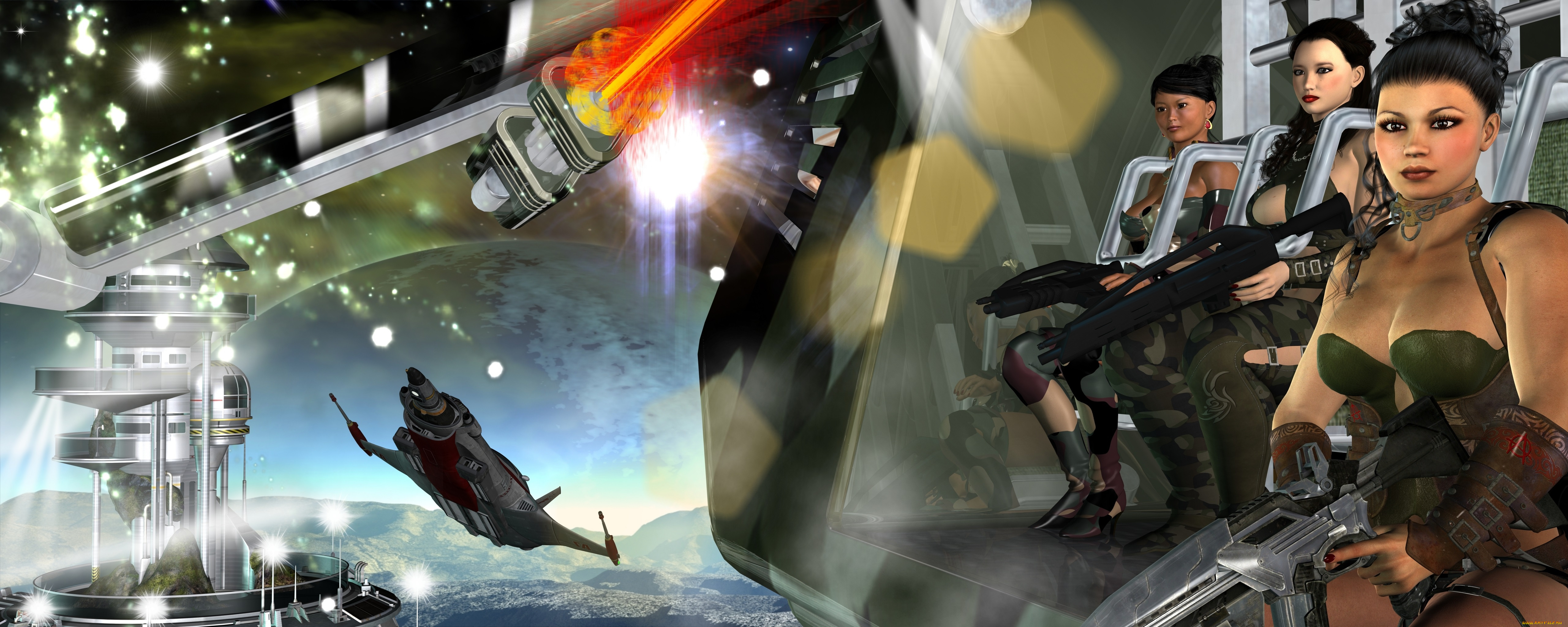 3д, графика, фантазия, , fantasy, оружие, фон, взгляд, девушки, самолет