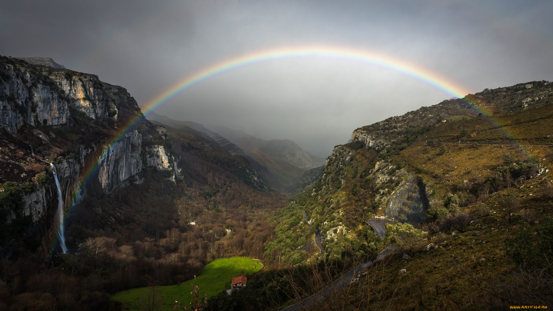 природа, радуга, пейзаж, каньён, водопад