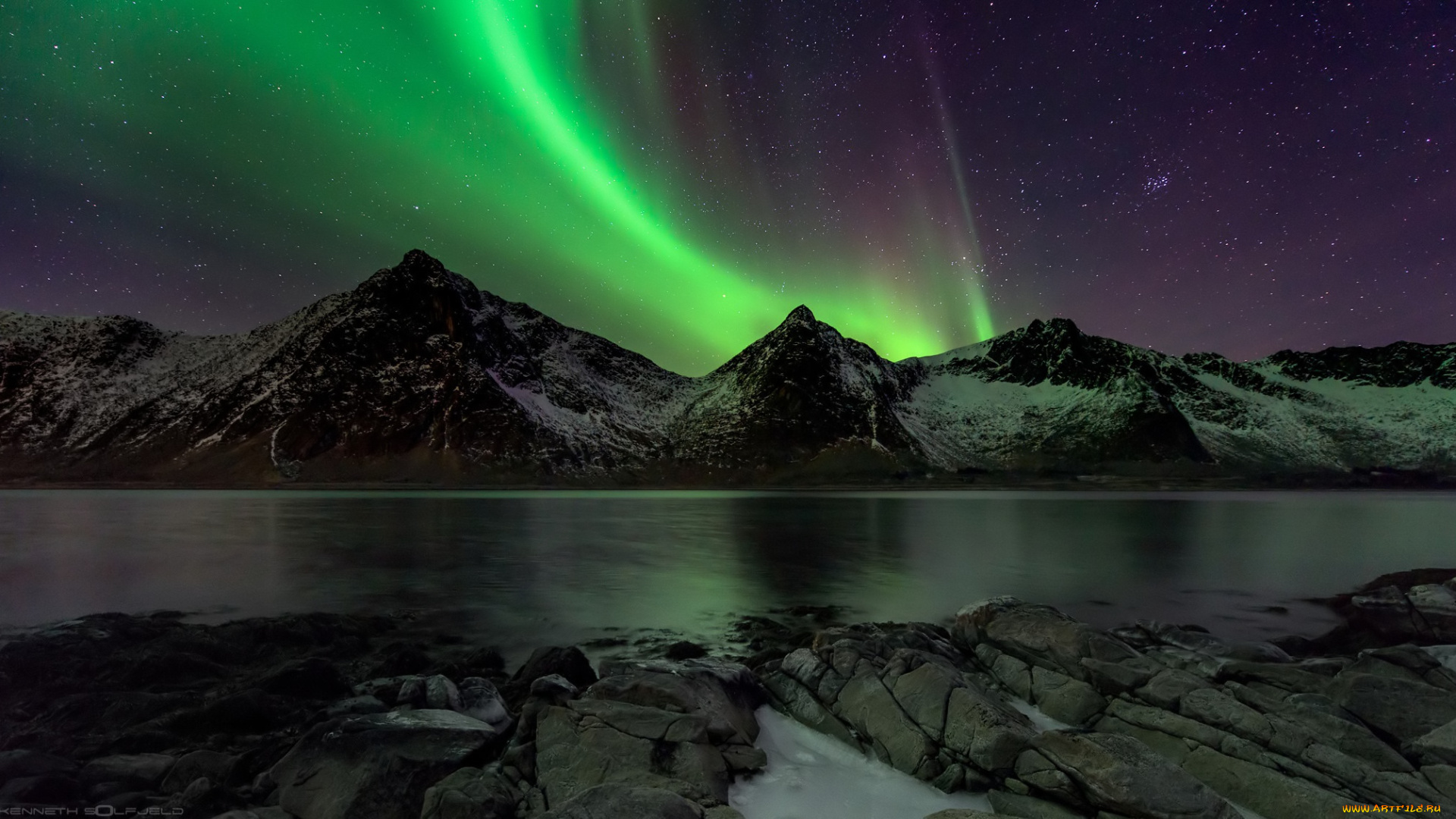 природа, северное, сияние, горы, ночь, озеро, северное, сияние