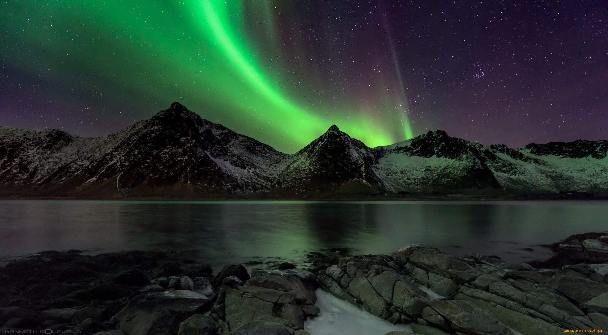 природа, северное, сияние, горы, ночь, озеро, северное, сияние