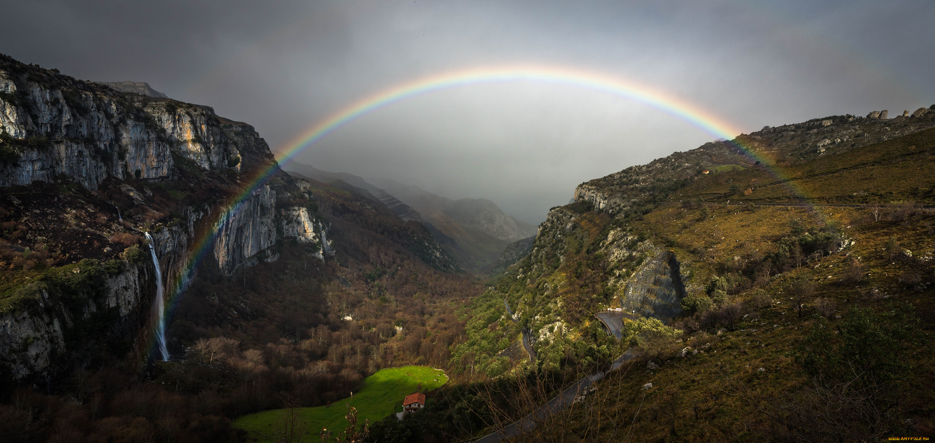 природа, радуга, пейзаж, каньён, водопад