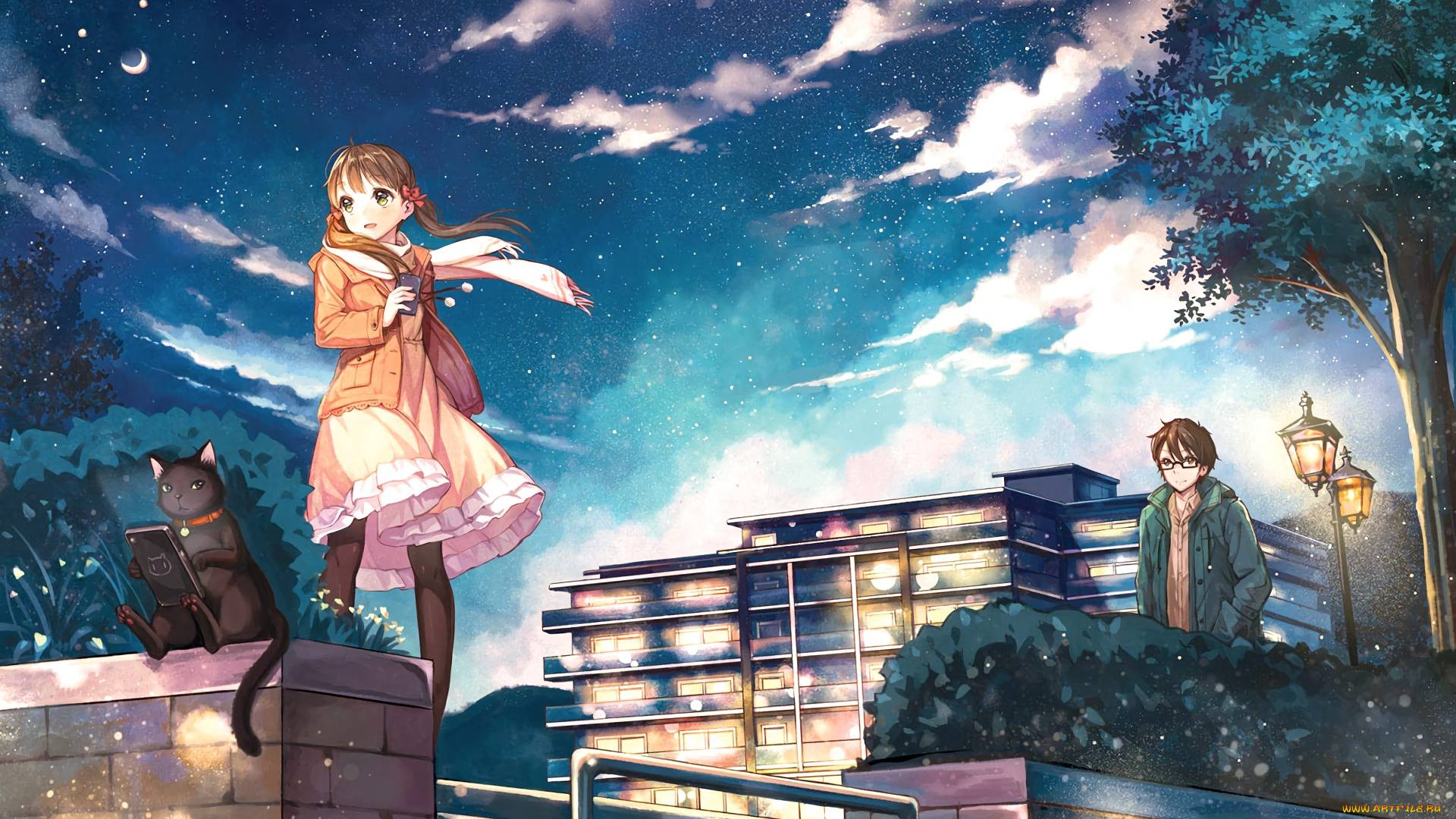 аниме, город, , улицы, , здания, фон, взгляд, девушка