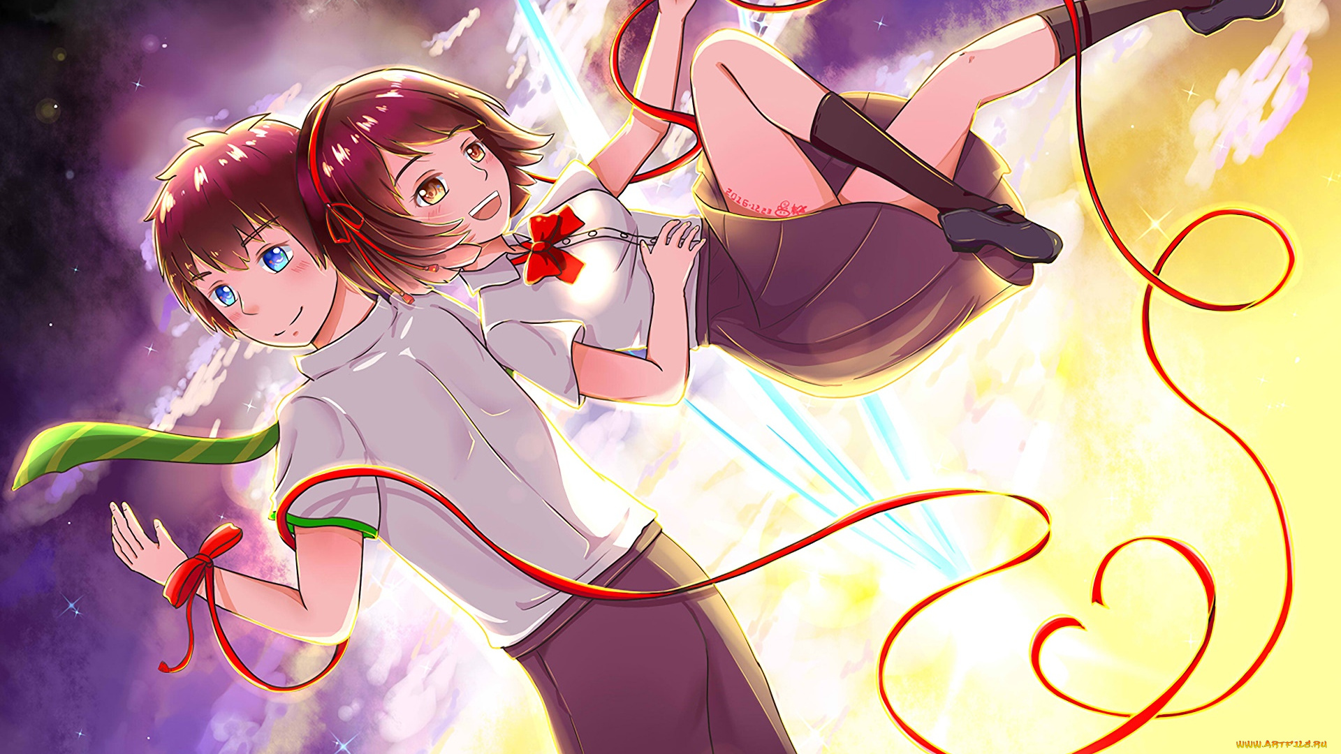 аниме, kimi, no, na, wa, девушка, парень, фон, взгляд