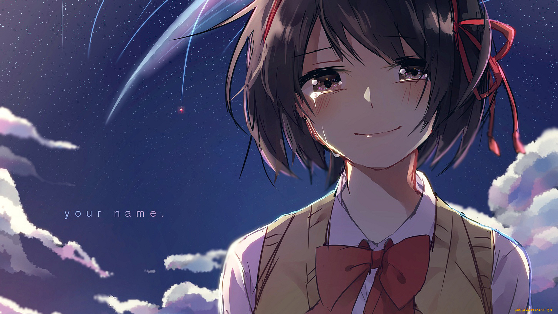 аниме, kimi, no, na, wa, девушка, взгляд, фон