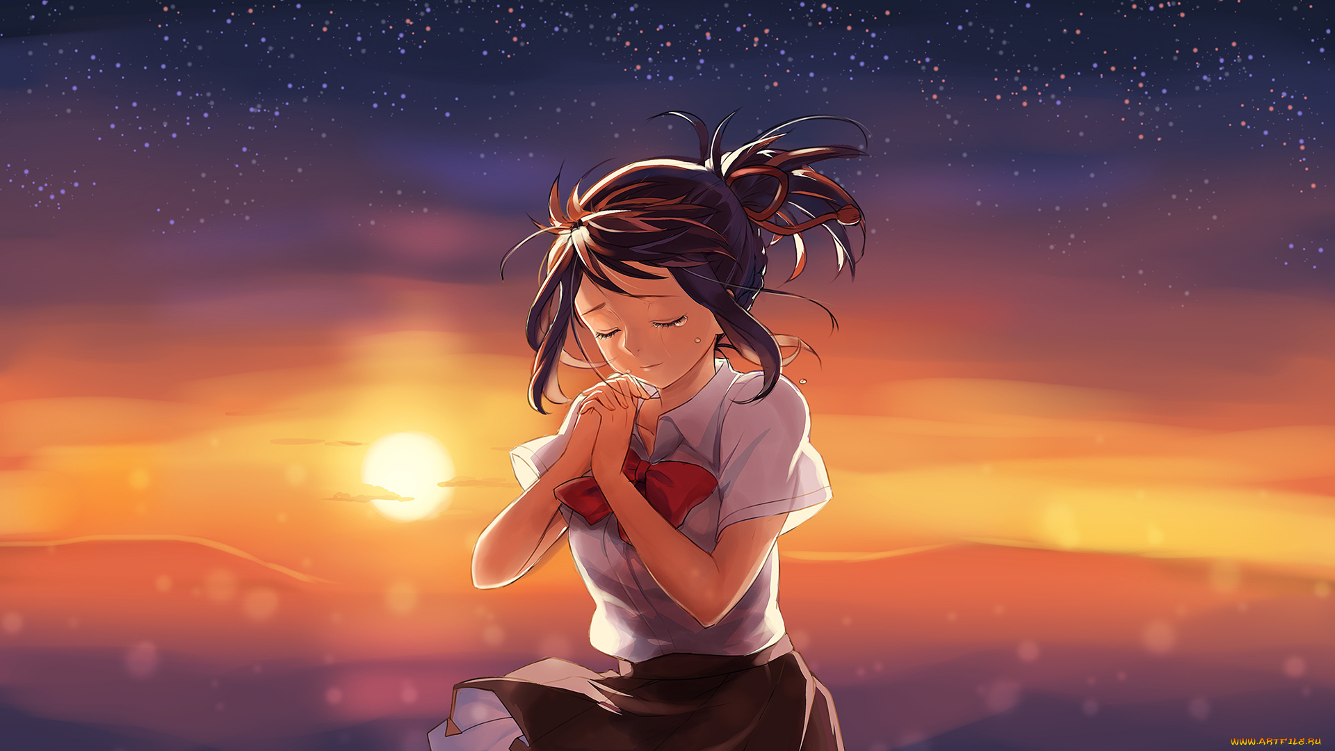 аниме, kimi, no, na, wa, фон, взгляд, девушка