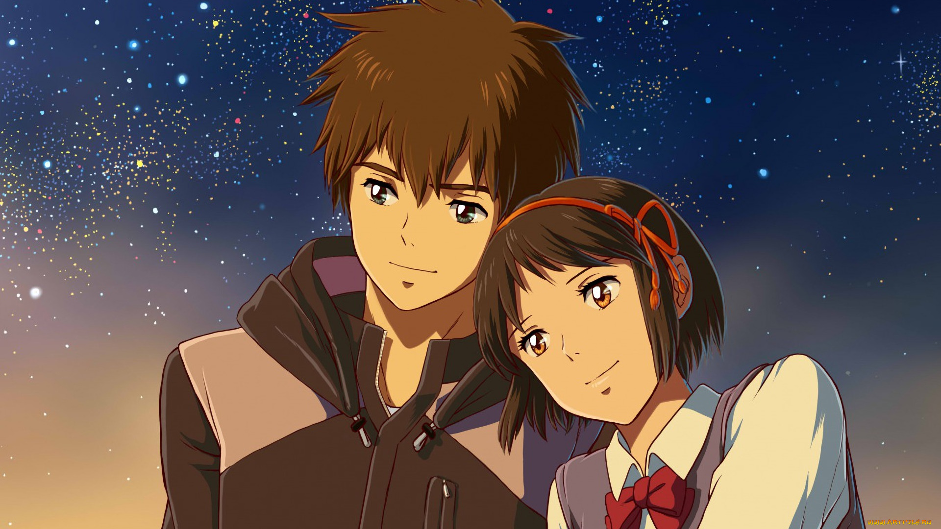 аниме, kimi, no, na, wa, парень, фон, взгляд, девушка