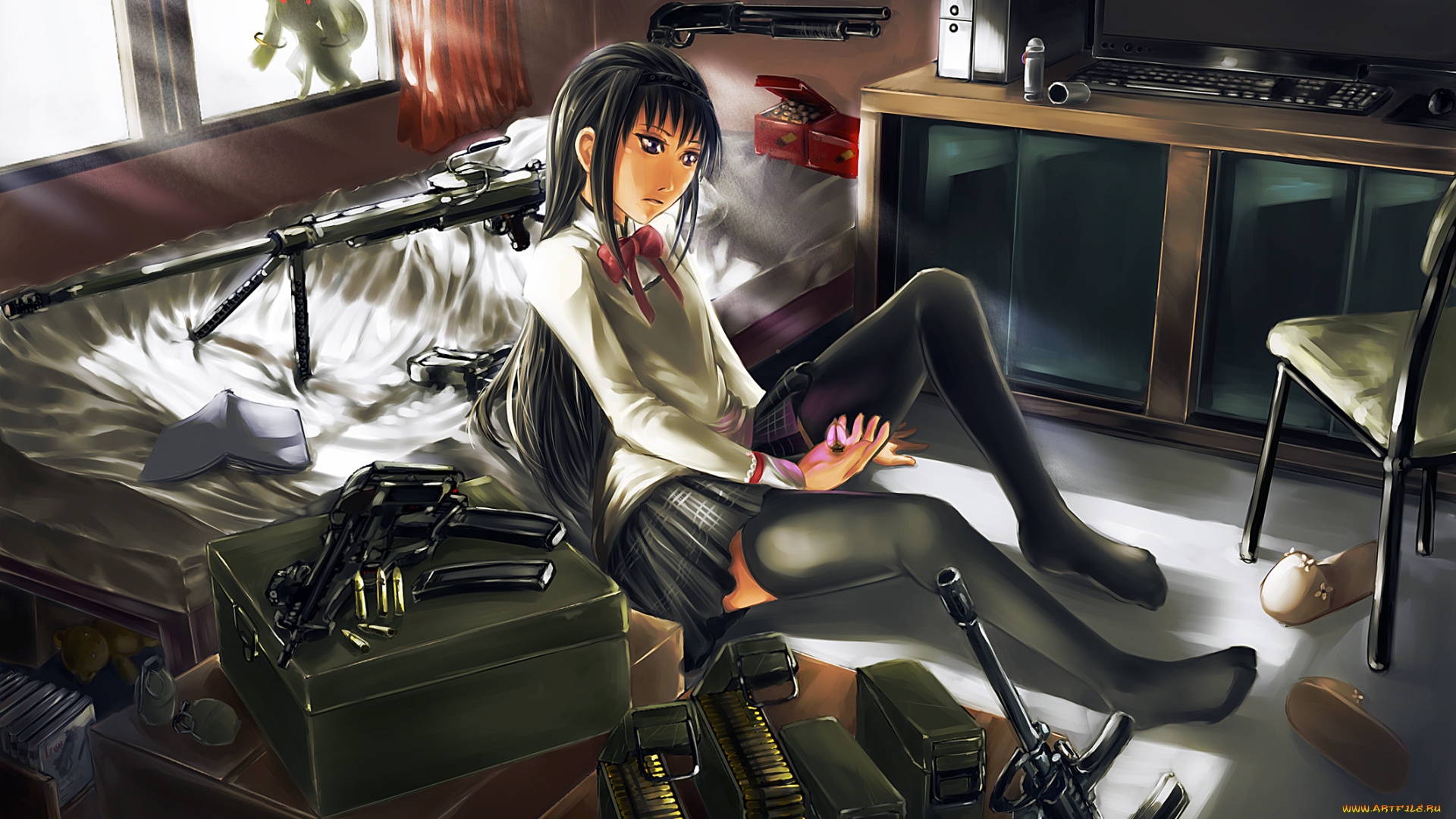 аниме, mahou, shoujo, madoka, magika, фон, взгляд, девушка