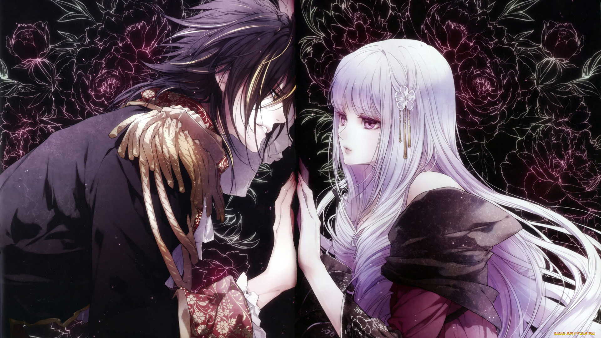 аниме, reine, des, fleurs, девушка, парень