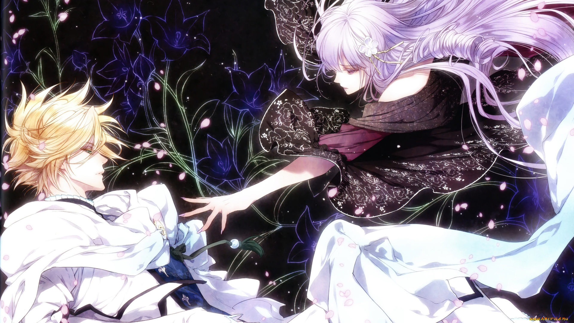 аниме, reine, des, fleurs, девушка, парень