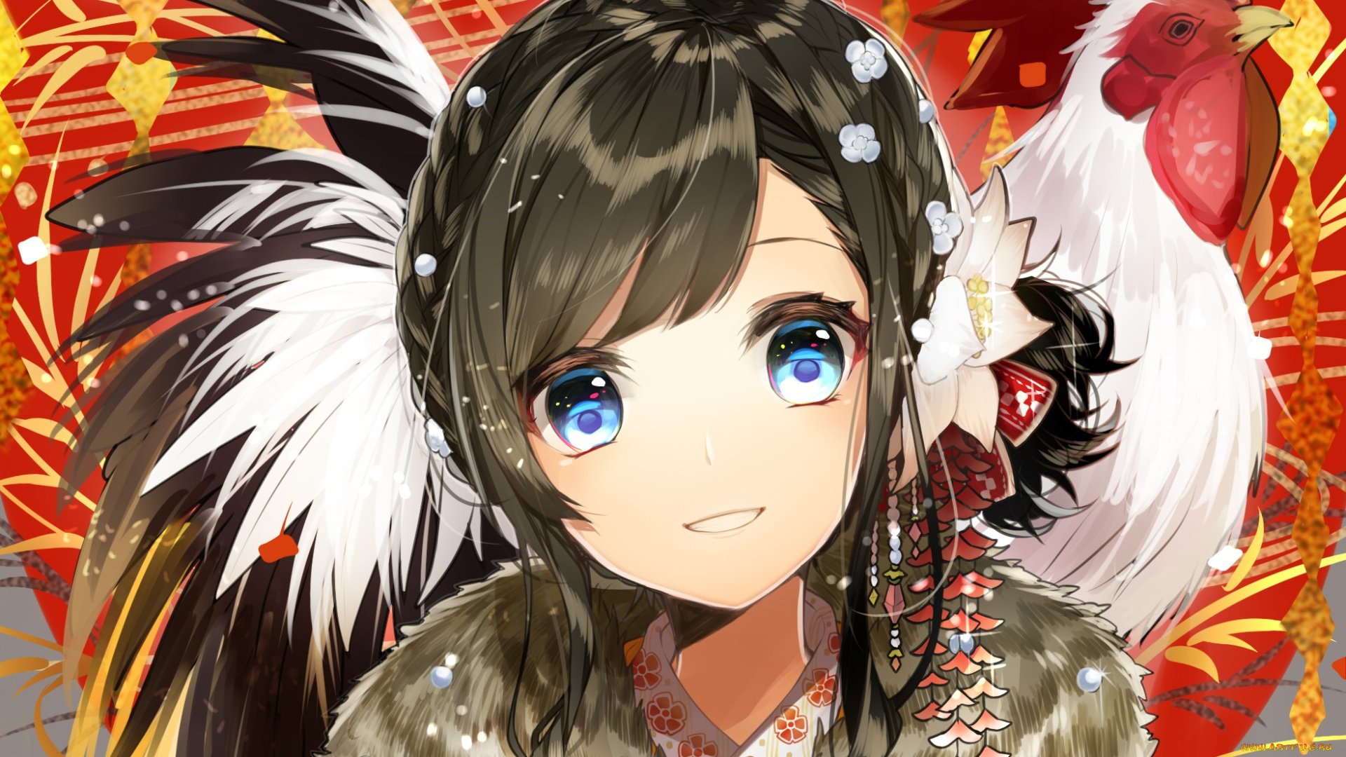 аниме, животные, , существа, петух, девушка