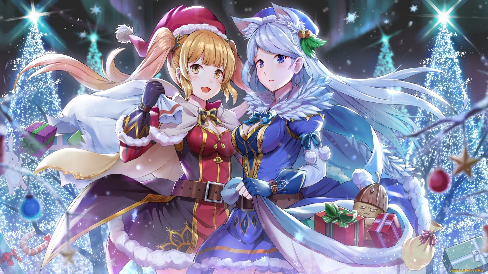 аниме, зима, , новый, год, , рождество, девушки, взгляд, фон