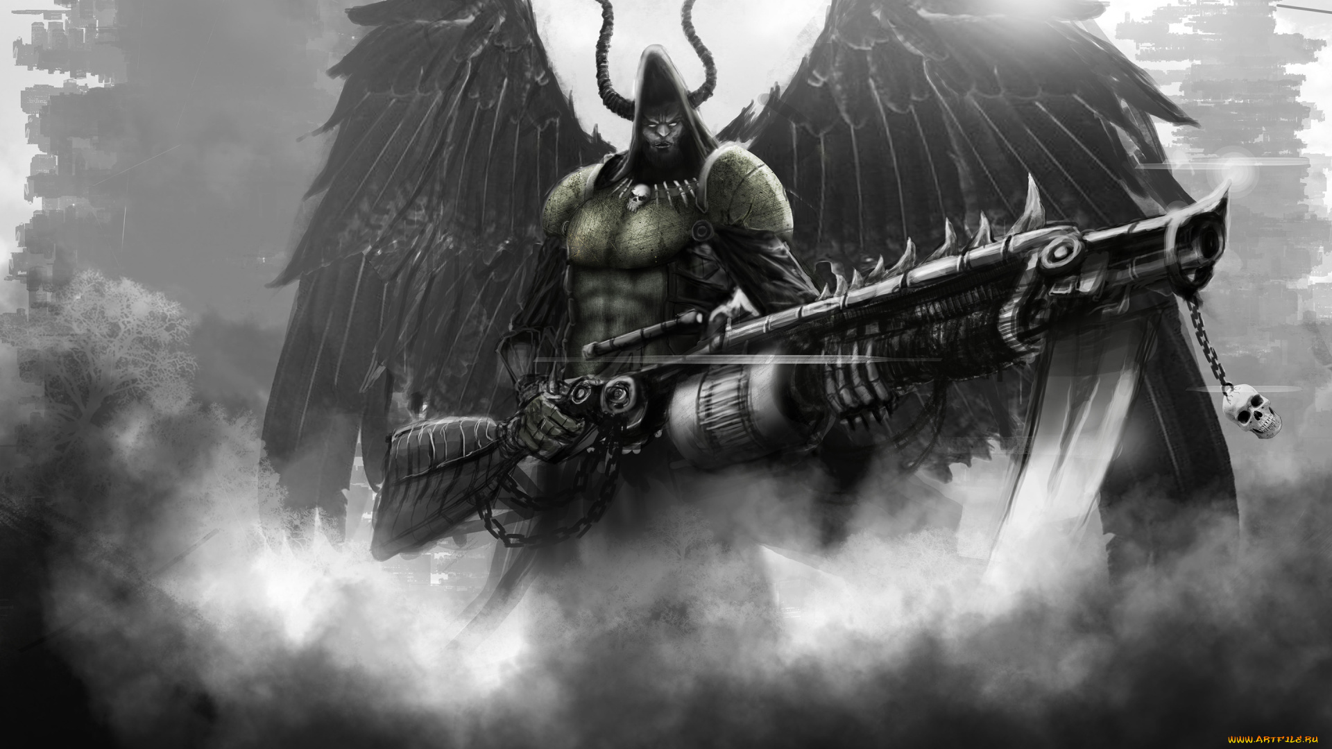фэнтези, демоны, рога, демон, дым, крылья, оружие