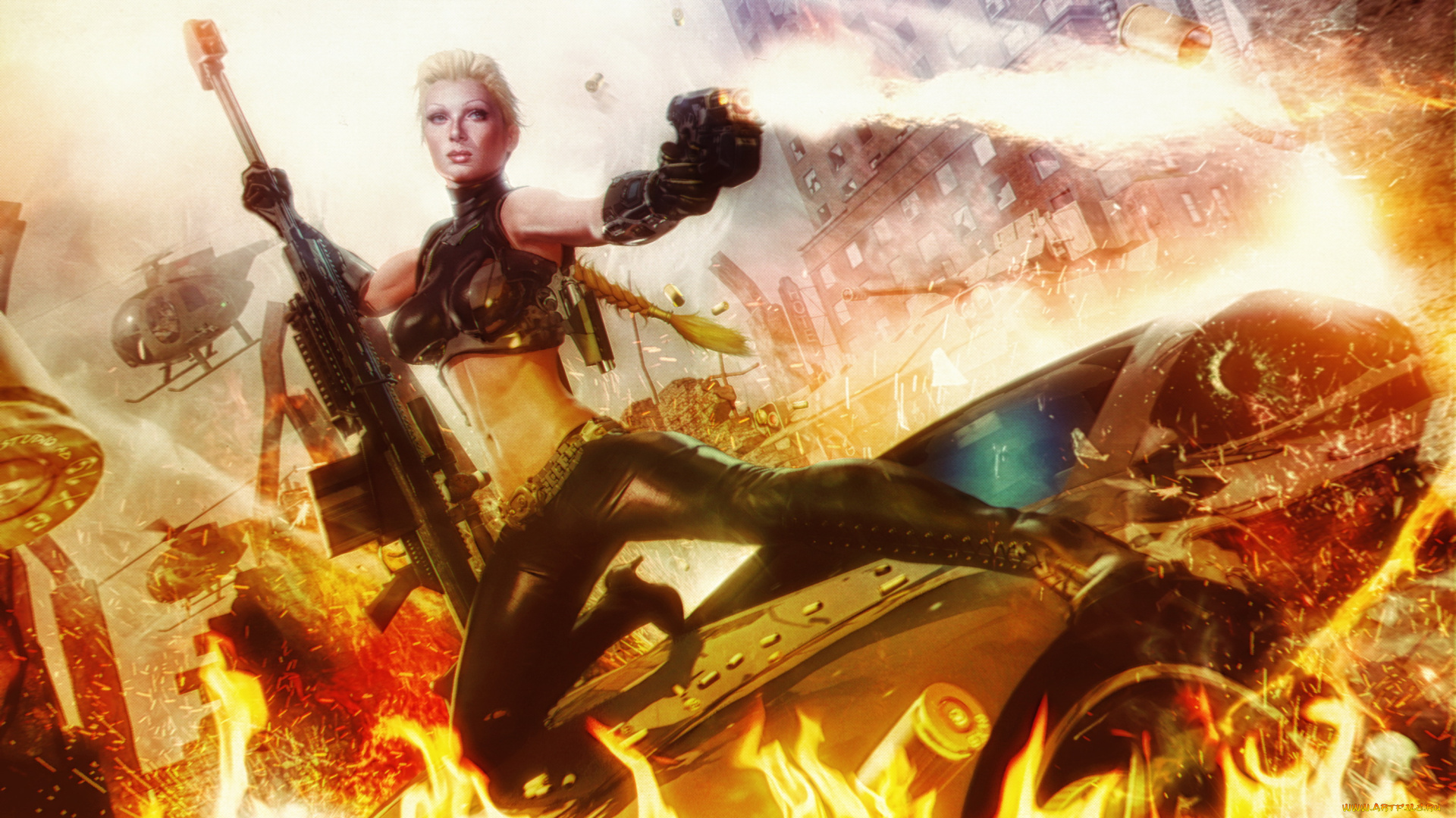 фэнтези, девушки, фон, девушка, взгляд, униформа, оружие, вертолет