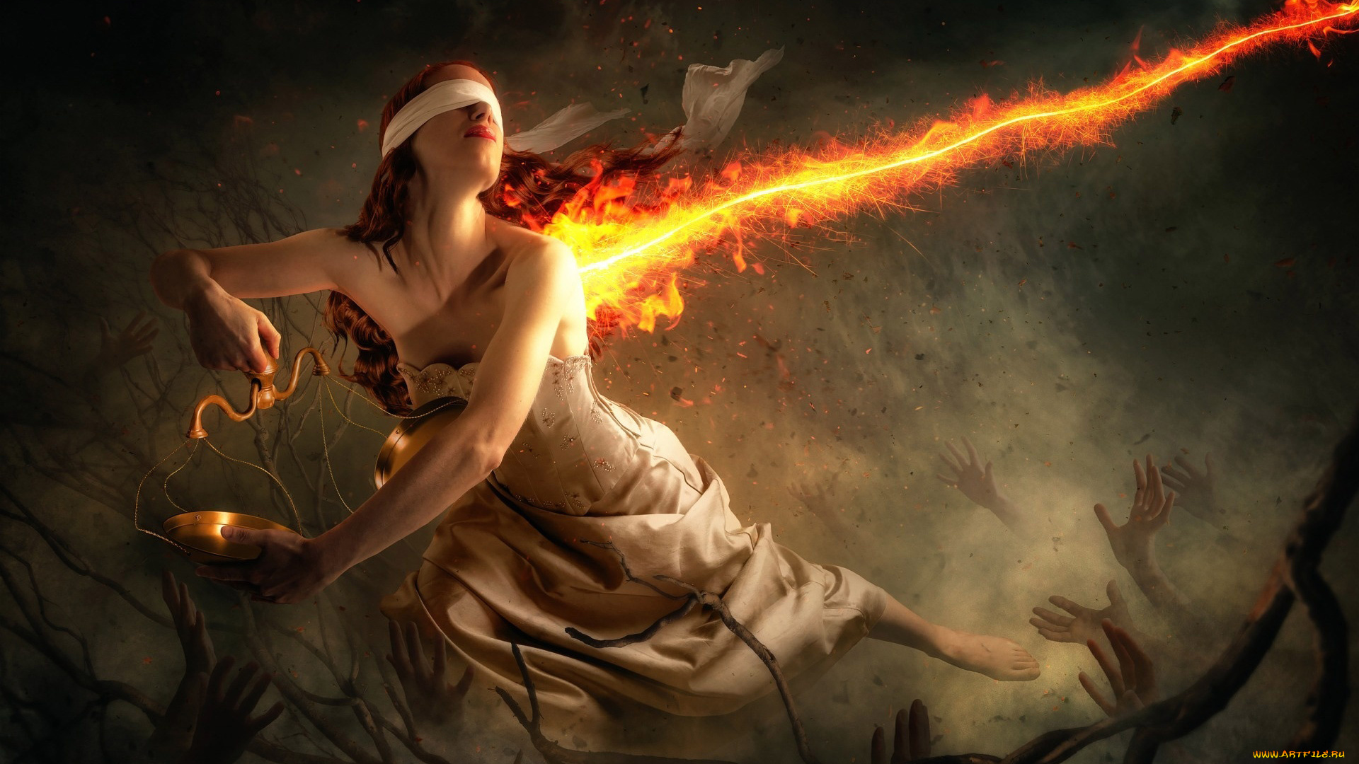 фэнтези, фотоарт, весы, колдовство, руки, девушка, магия, огонь