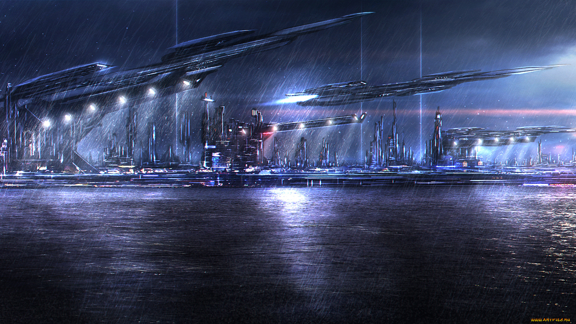 фэнтези, космические, корабли, , звездолеты, , станции, город, дождь, ночь, space, dock, огни, море, порт