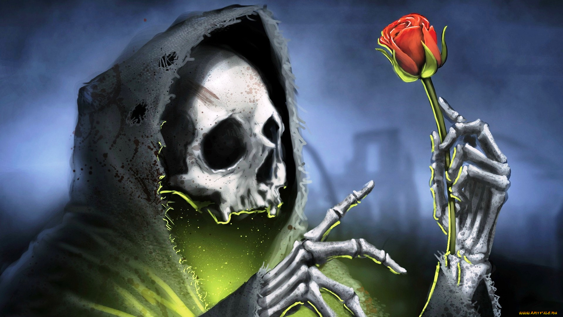 фэнтези, нежить, цветок, свет, балахон, смерть, роза