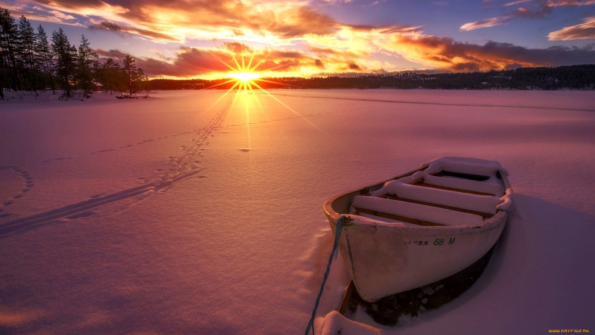 корабли, лодки, , шлюпки, зима, снег, закат