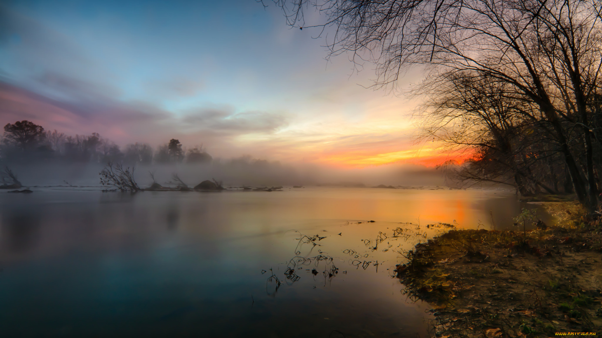 природа, реки, озера, закат, река, туман