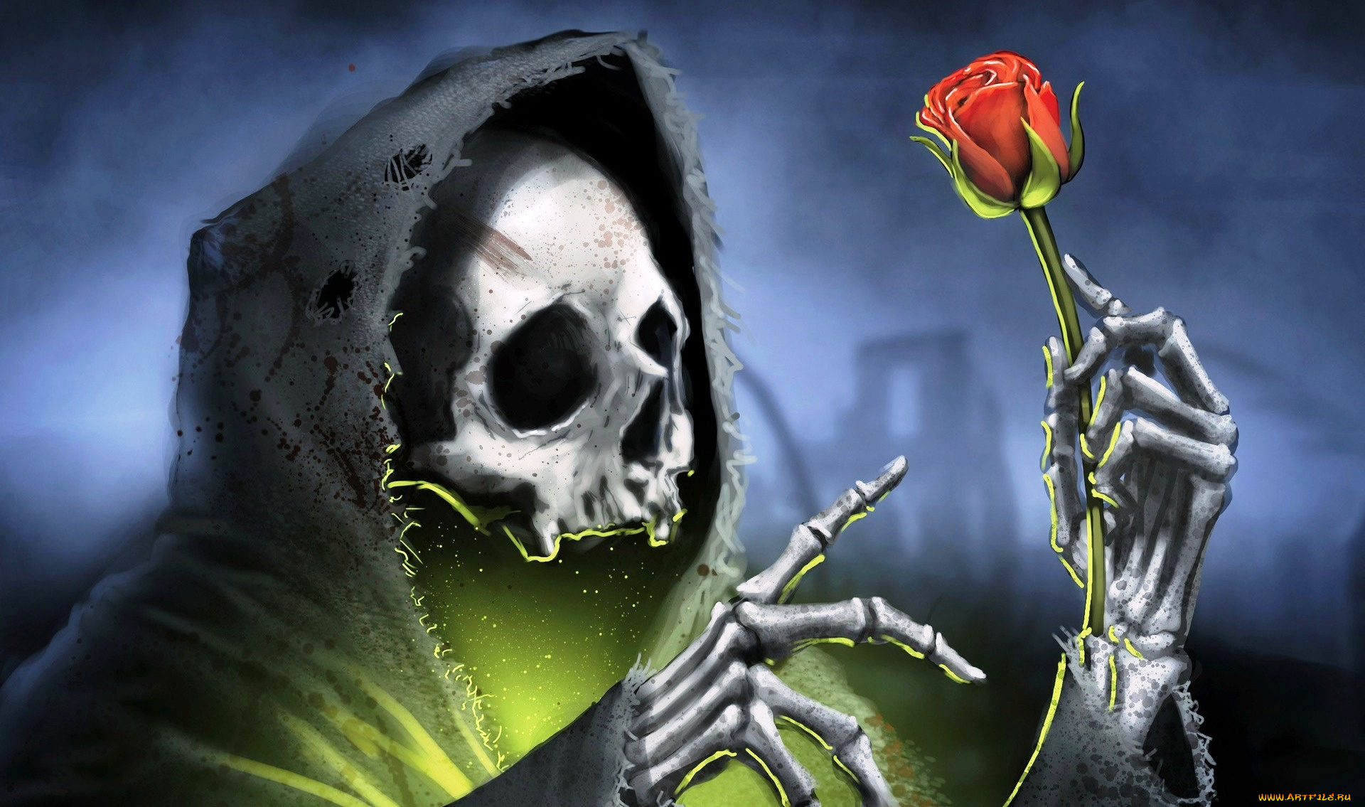 фэнтези, нежить, цветок, свет, балахон, смерть, роза