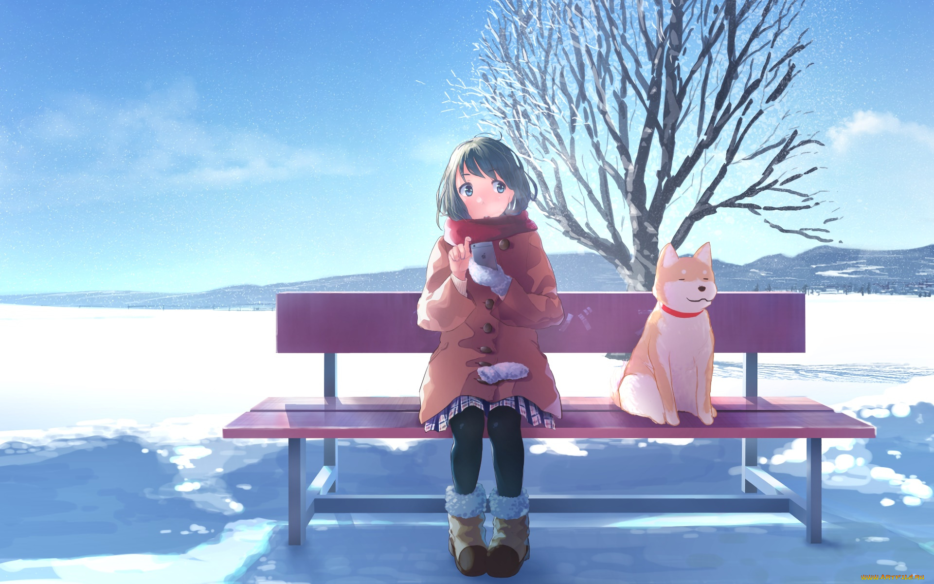 аниме, животные, , существа, девушка, взгляд, фон