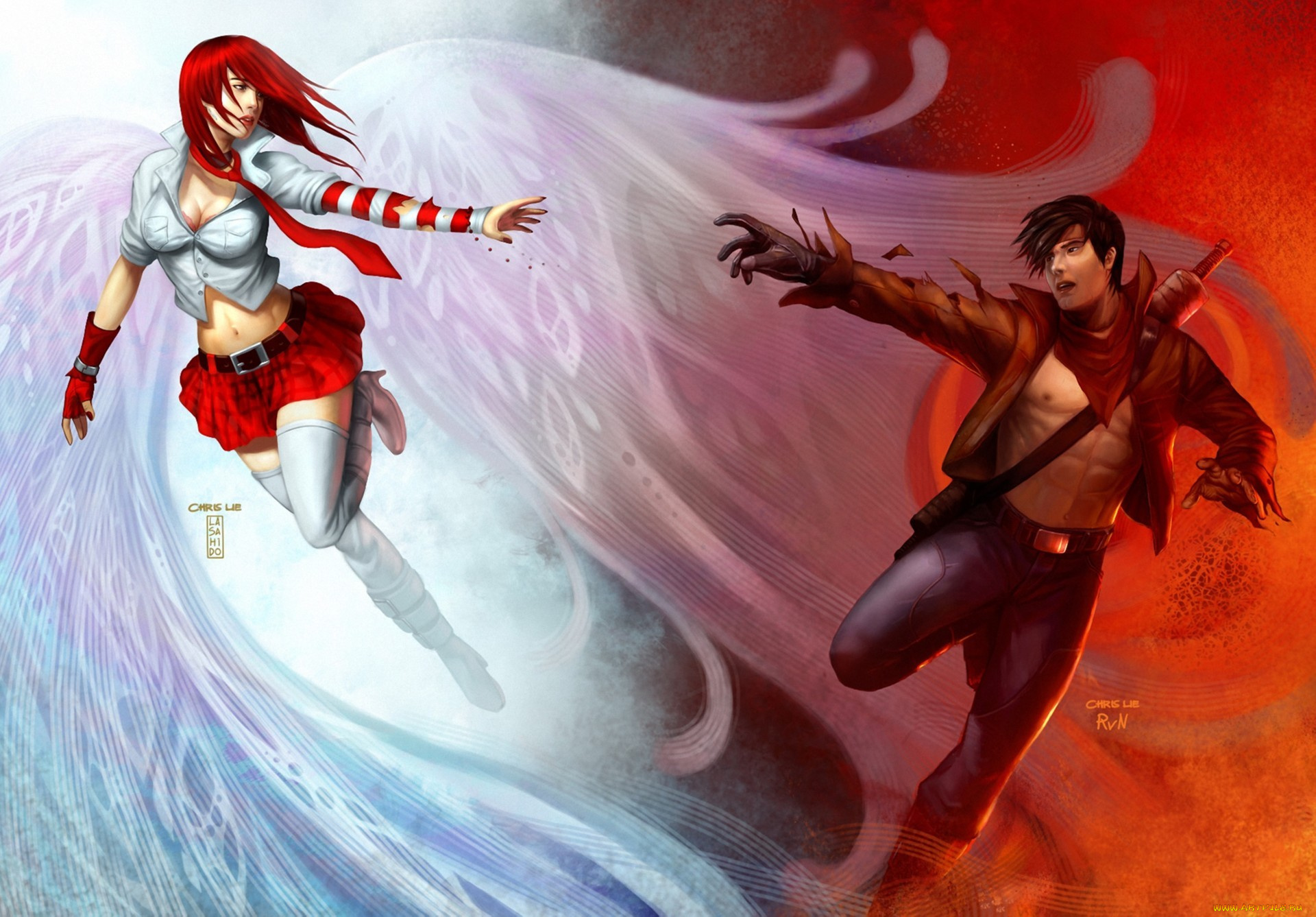 фэнтези, ангелы, девушка, меч, крылья, арт, парень