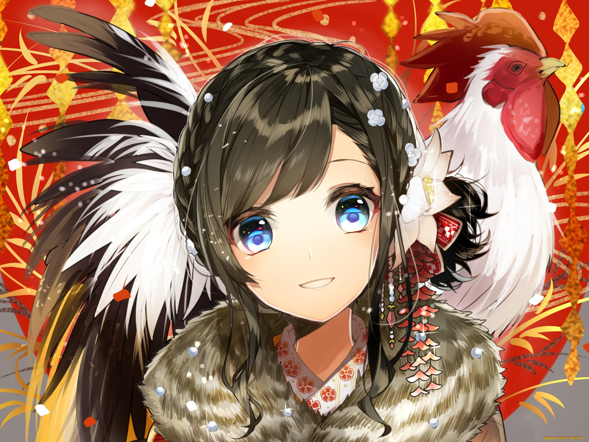 аниме, животные, , существа, петух, девушка