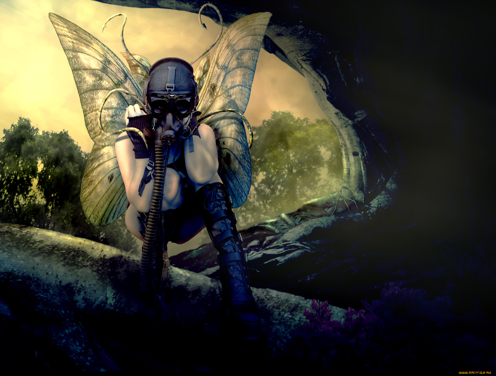 фэнтези, фотоарт, противогаз, крылья, фон, девушка