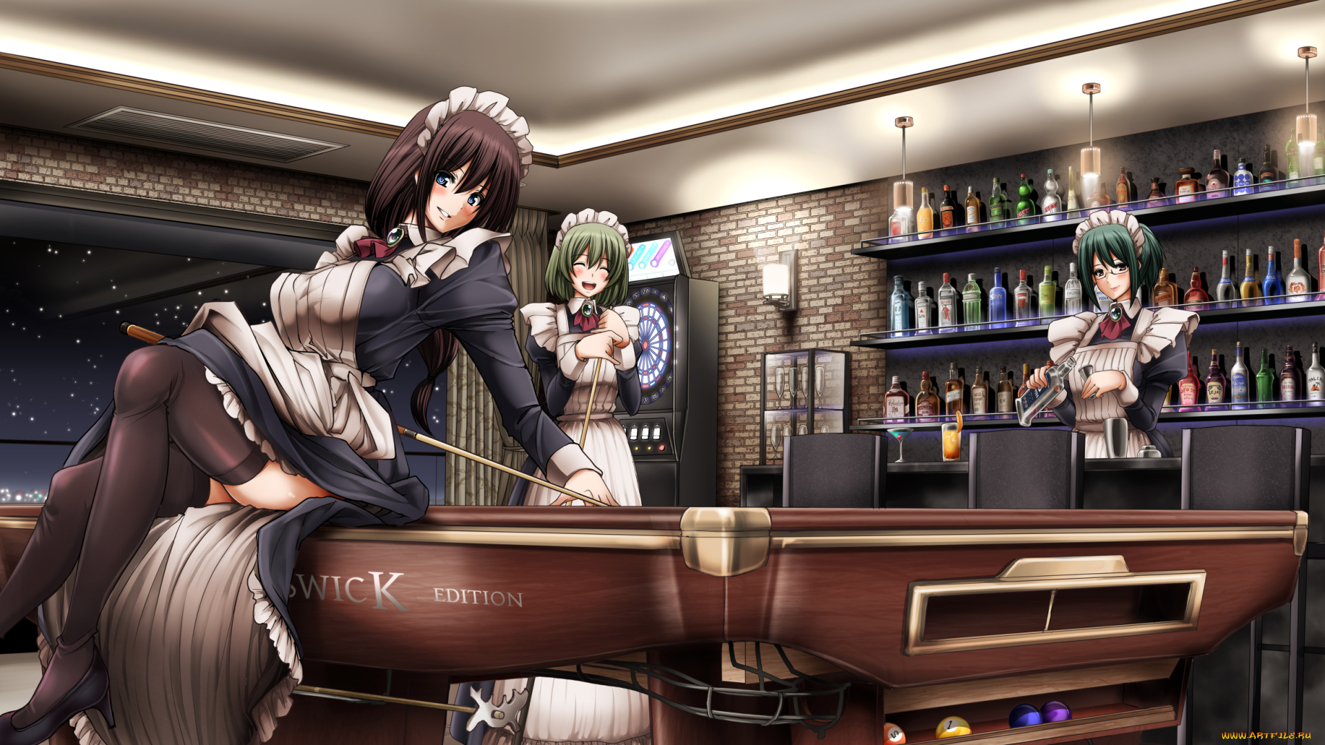 аниме, город, , улицы, , интерьер, , здания, девушки, бар