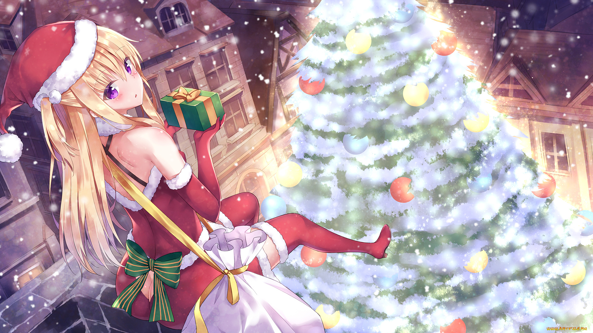 аниме, зима, , новый, год, , рождество, фон, взгляд, девушка