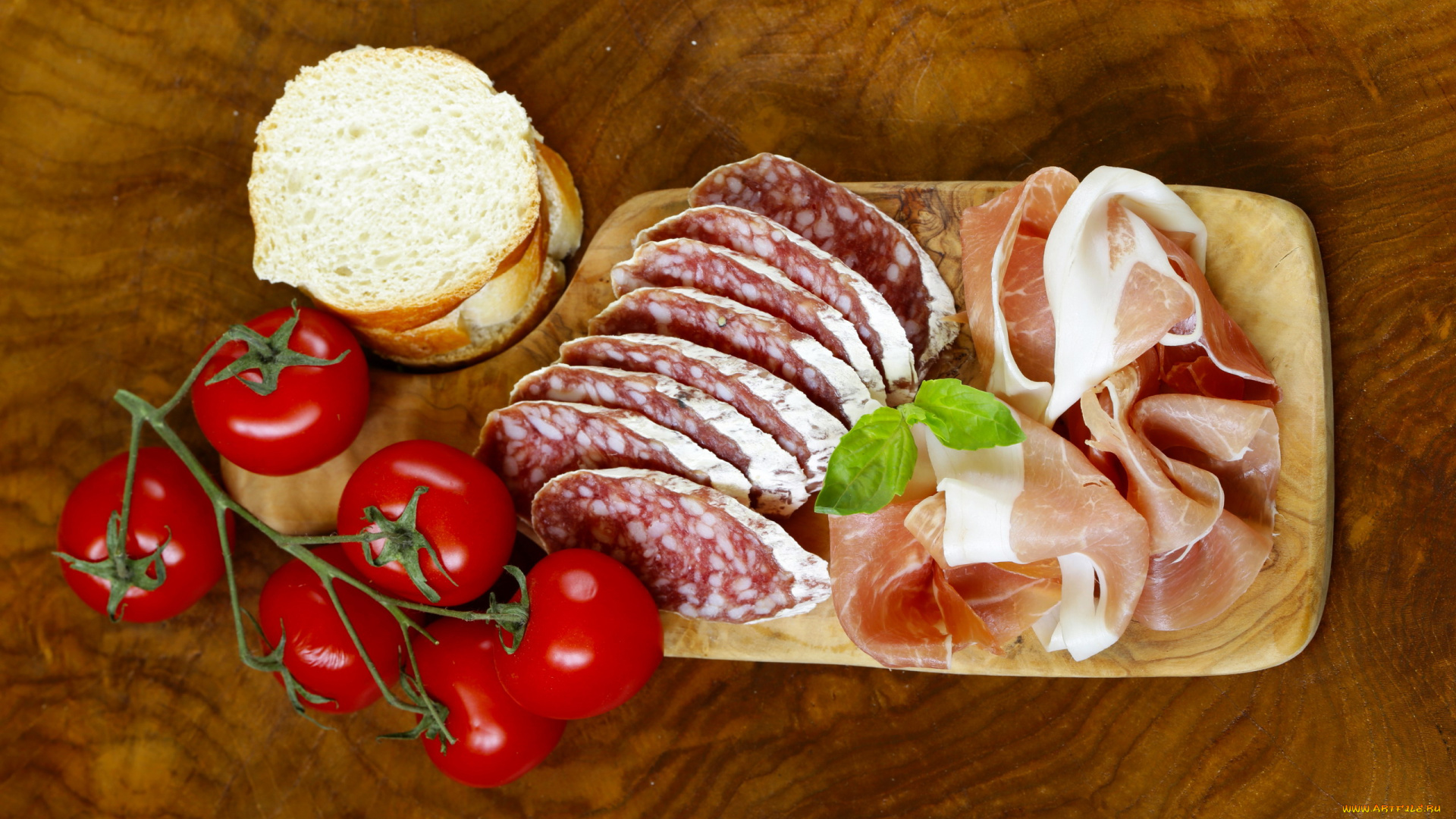 еда, колбасные, изделия, сервелат, ветчина, хлеб, помидоры, томаты