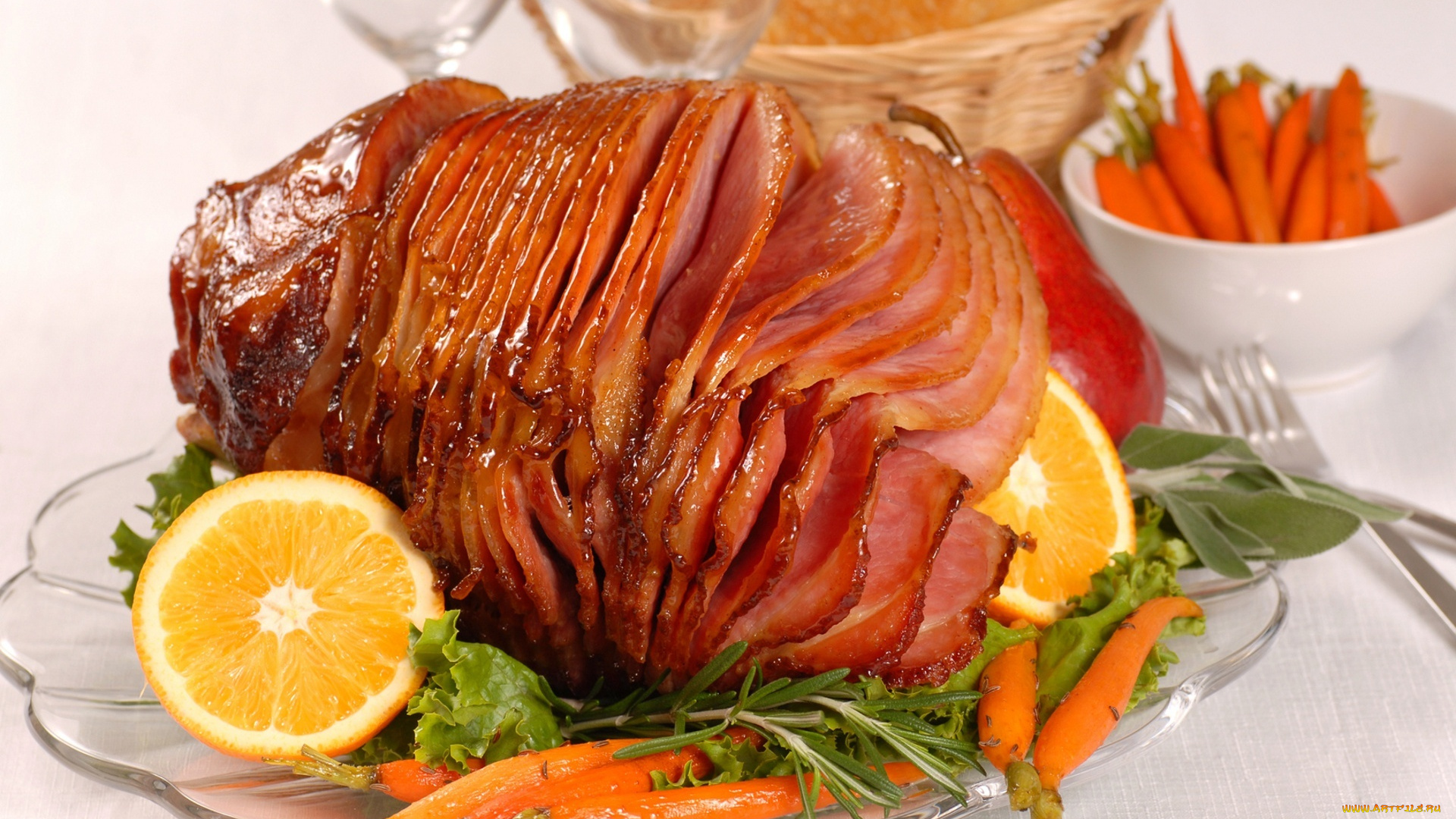 еда, мясные, блюда, розмарин, морковь, окорок, свинина