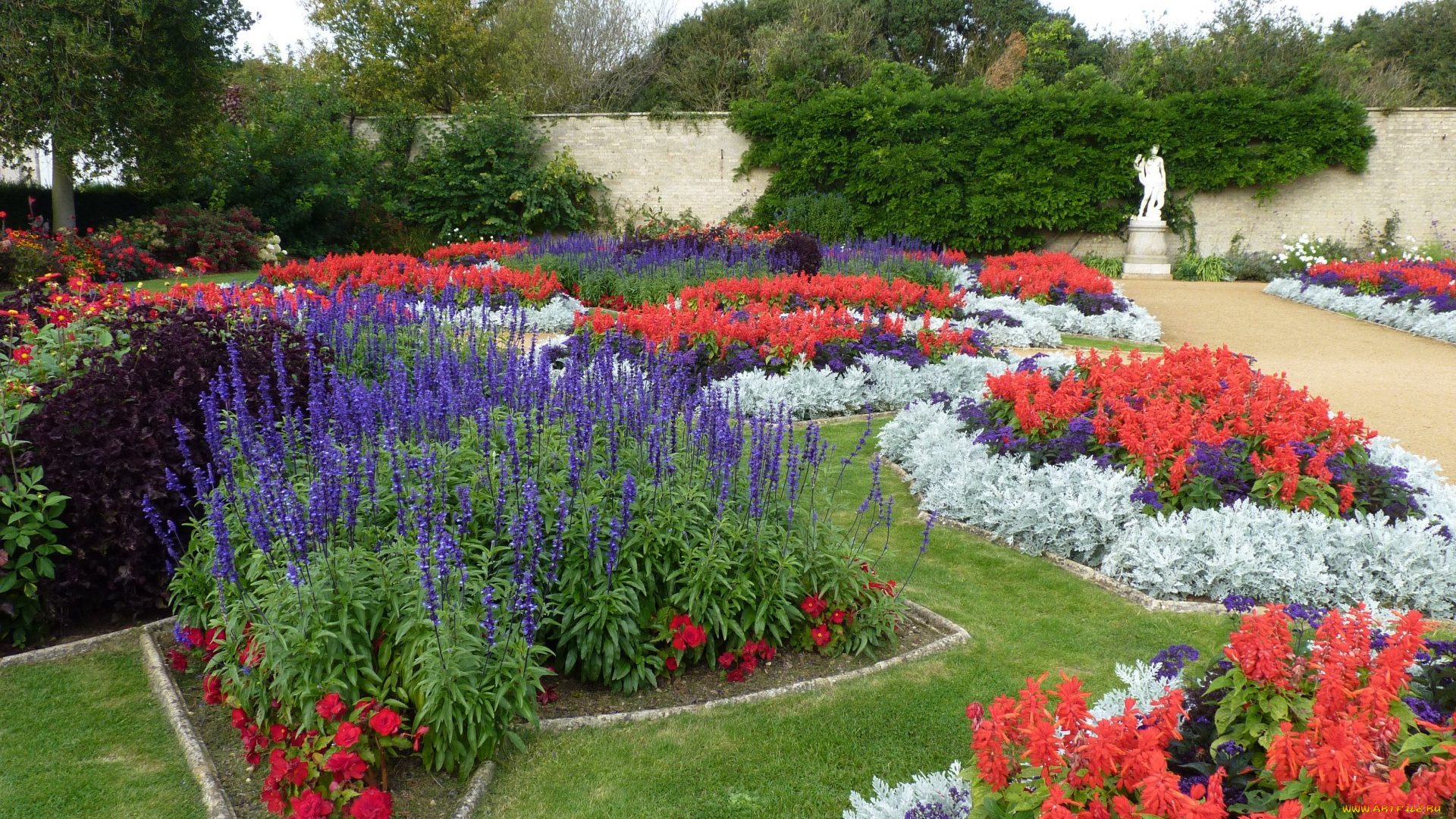 природа, парк, клумбы, цветы, статуя