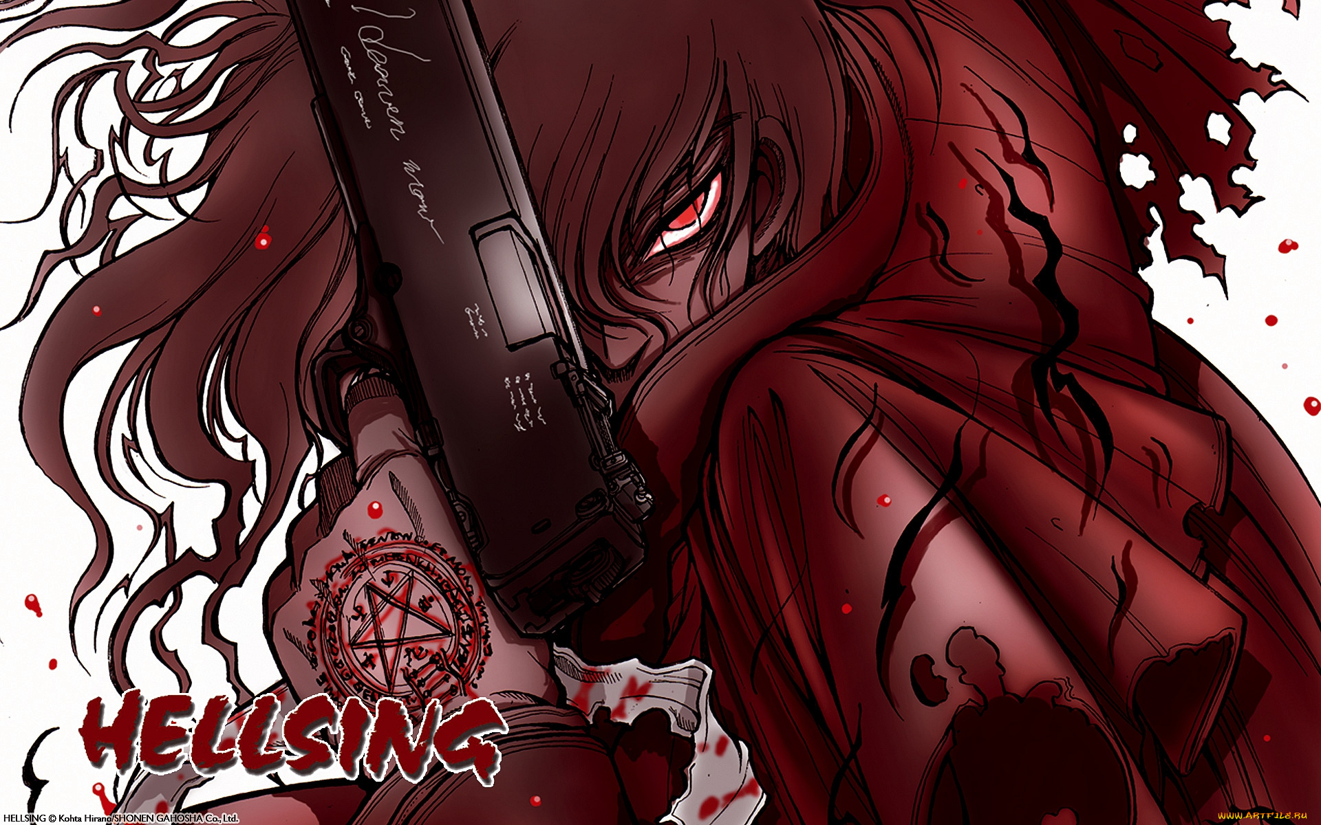 аниме, hellsing, пистолет, взгляд, дракула, вампир, кровь, оружие, alucard, dracula, vampire, алукард