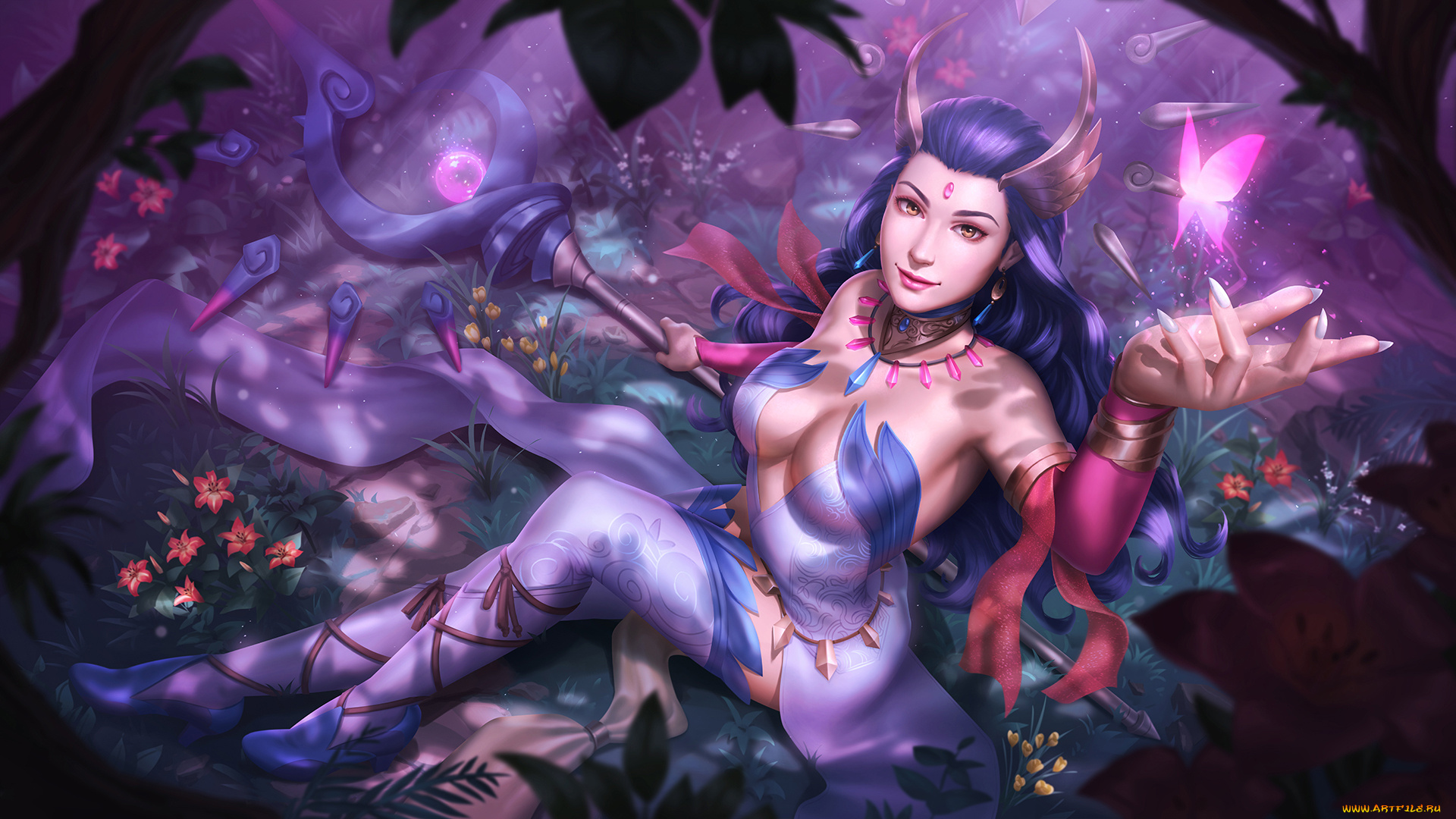 фэнтези, магия, бабочка, посох, униформа, улыбка, взгляд, фон, девушка