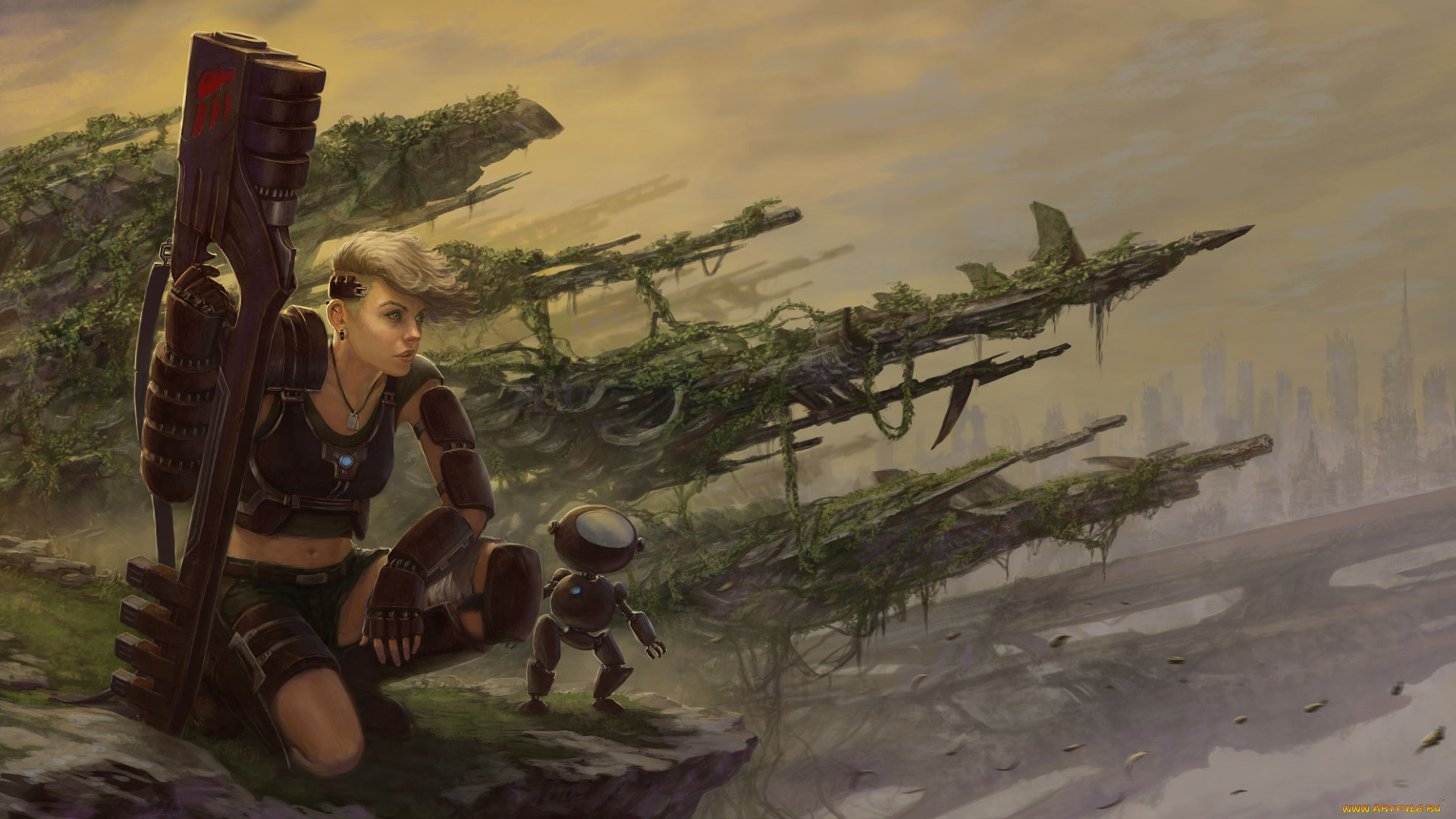 фэнтези, роботы, , киборги, , механизмы, робот, оружие, фон, девушка