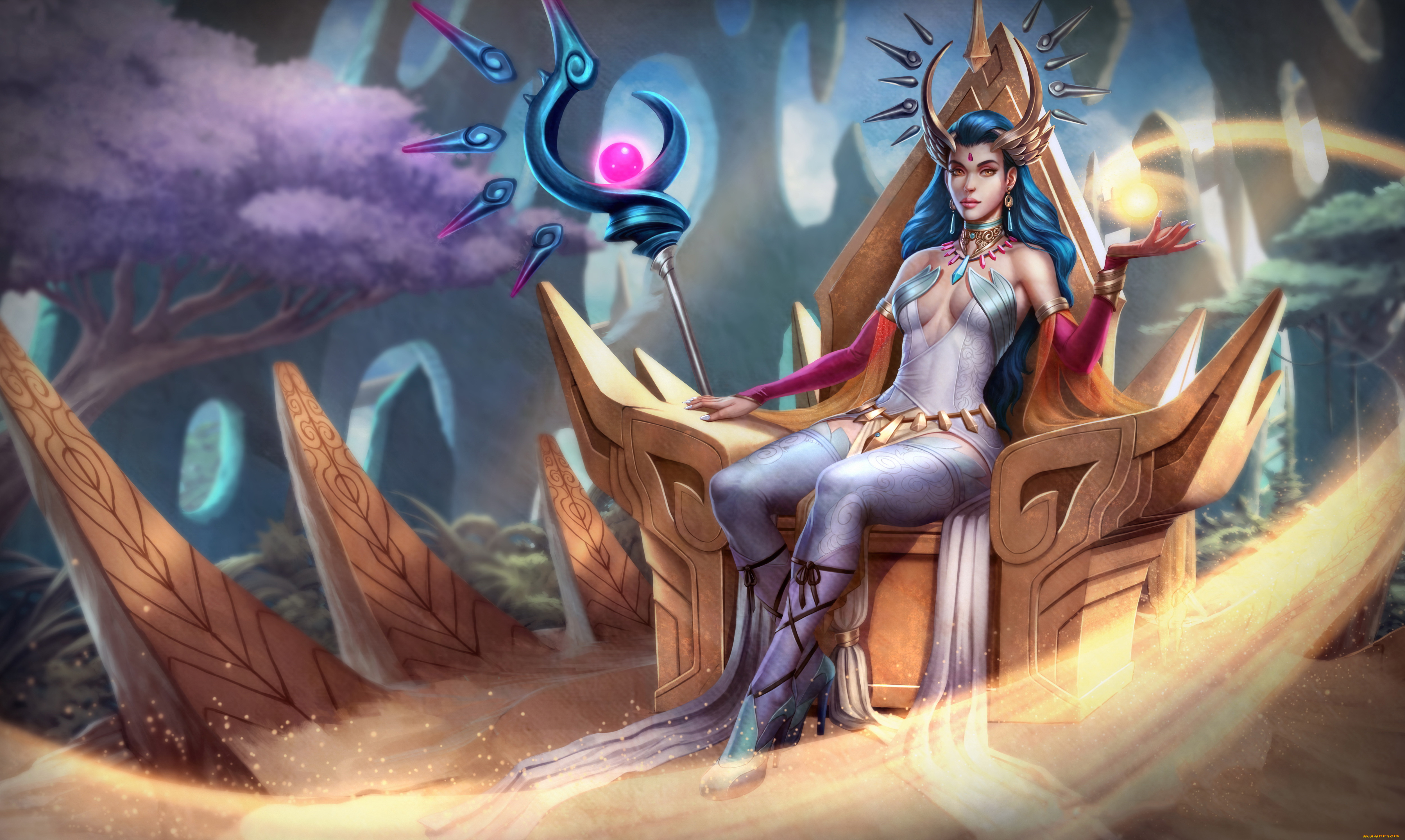 фэнтези, магия, посох, девушка, трон, униформа, фон, взгляд