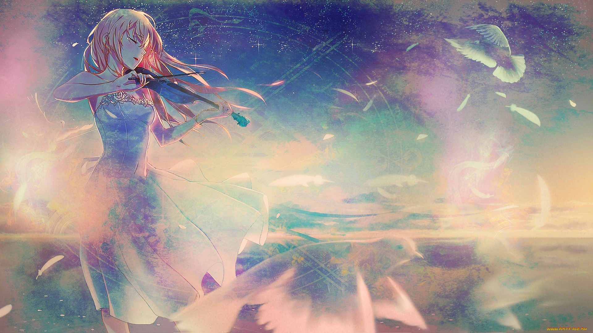 аниме, shigatsu, wa, kimi, no, uso, девушка, скрипка, музыка, голуби