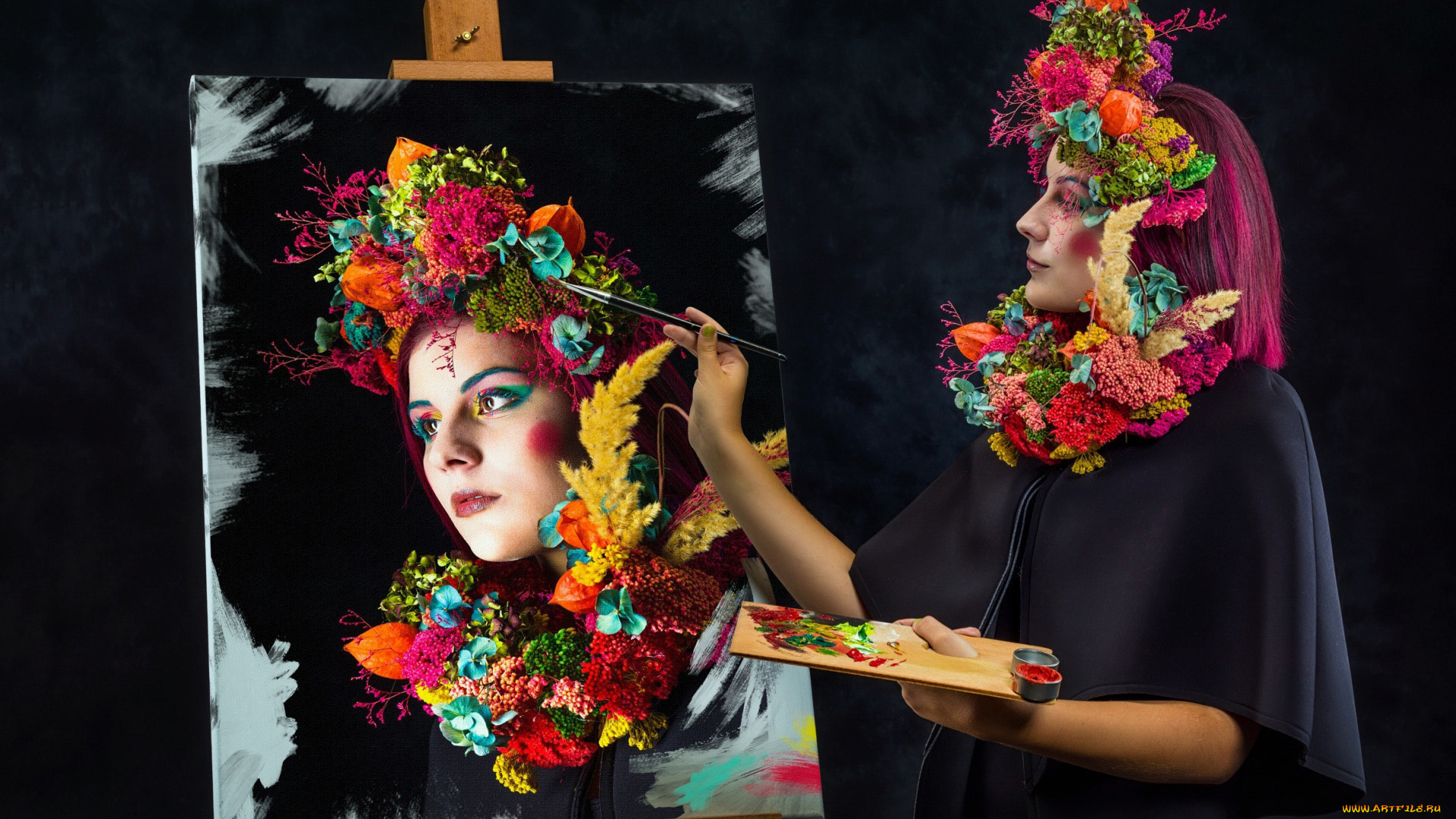 девушки, -, креатив, , косплей, художница, портрет, палитра, креатив